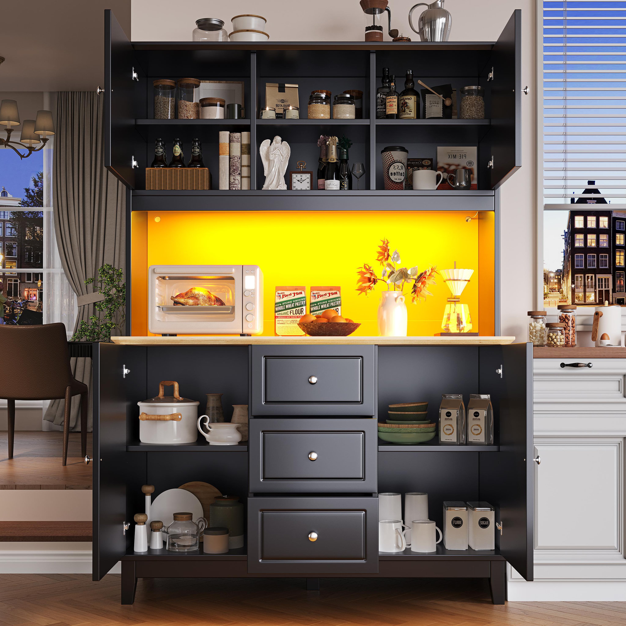 Voir la diapositive 5 : MERAX Buffet de cuisine 4 portes 3 tiroirs - 120 cm noir led mdf