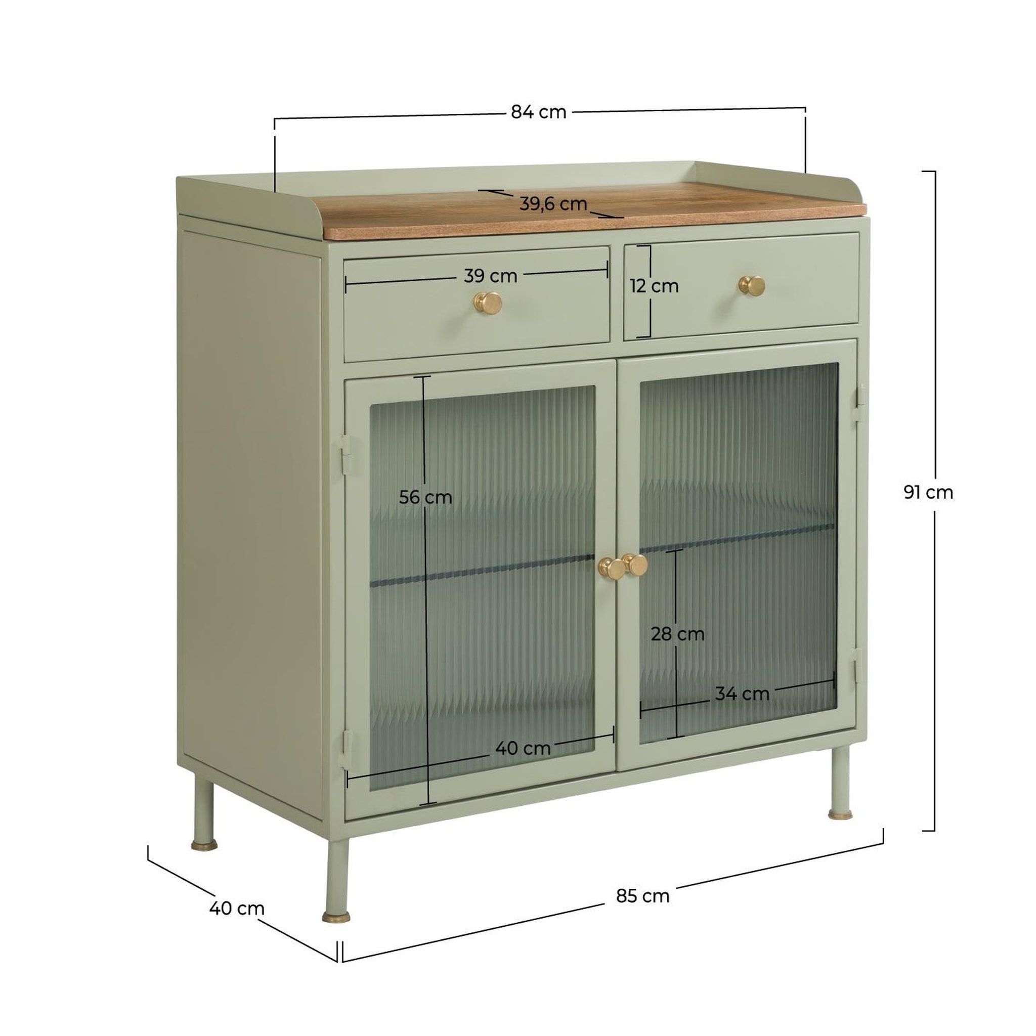 Voir la diapositive 4 : MAISON PAVANE Buffet 2 portes 2 tiroirs en métal vert, manguier et verre-marnie
