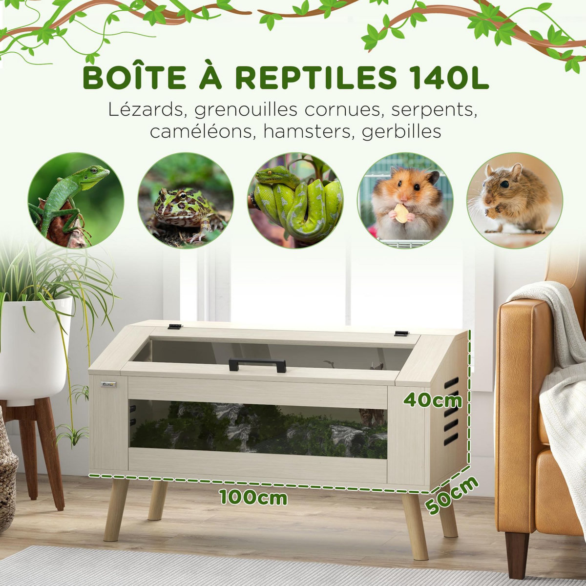 PAWHUT Terrarium vivarium 140L - aération latérale, fenêtres verre trempé, couvercle - bois naturel