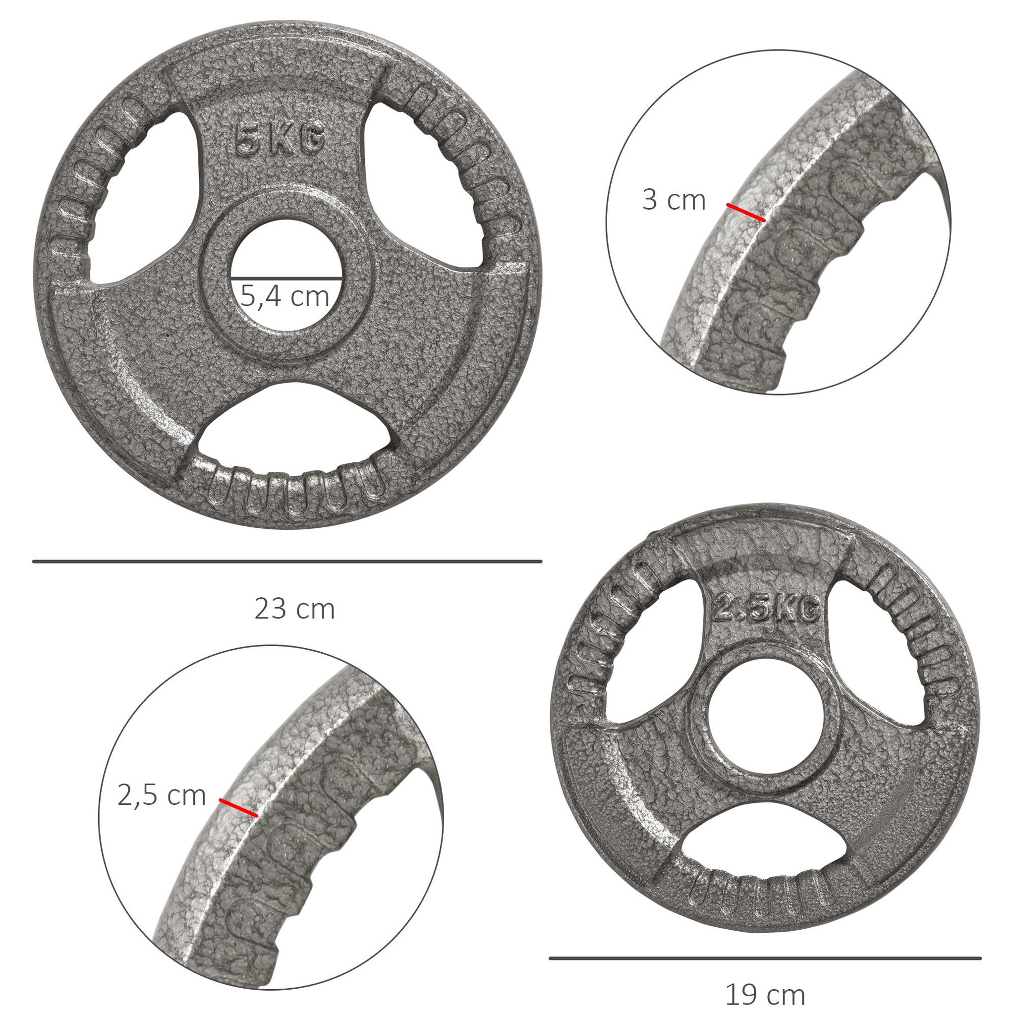 Voir la diapositive 3 : HOMCOM Disques de poids 2,5/2,5/5/5 kg - 4 poids de musculation - dia. Trou 5,4 cm - acier