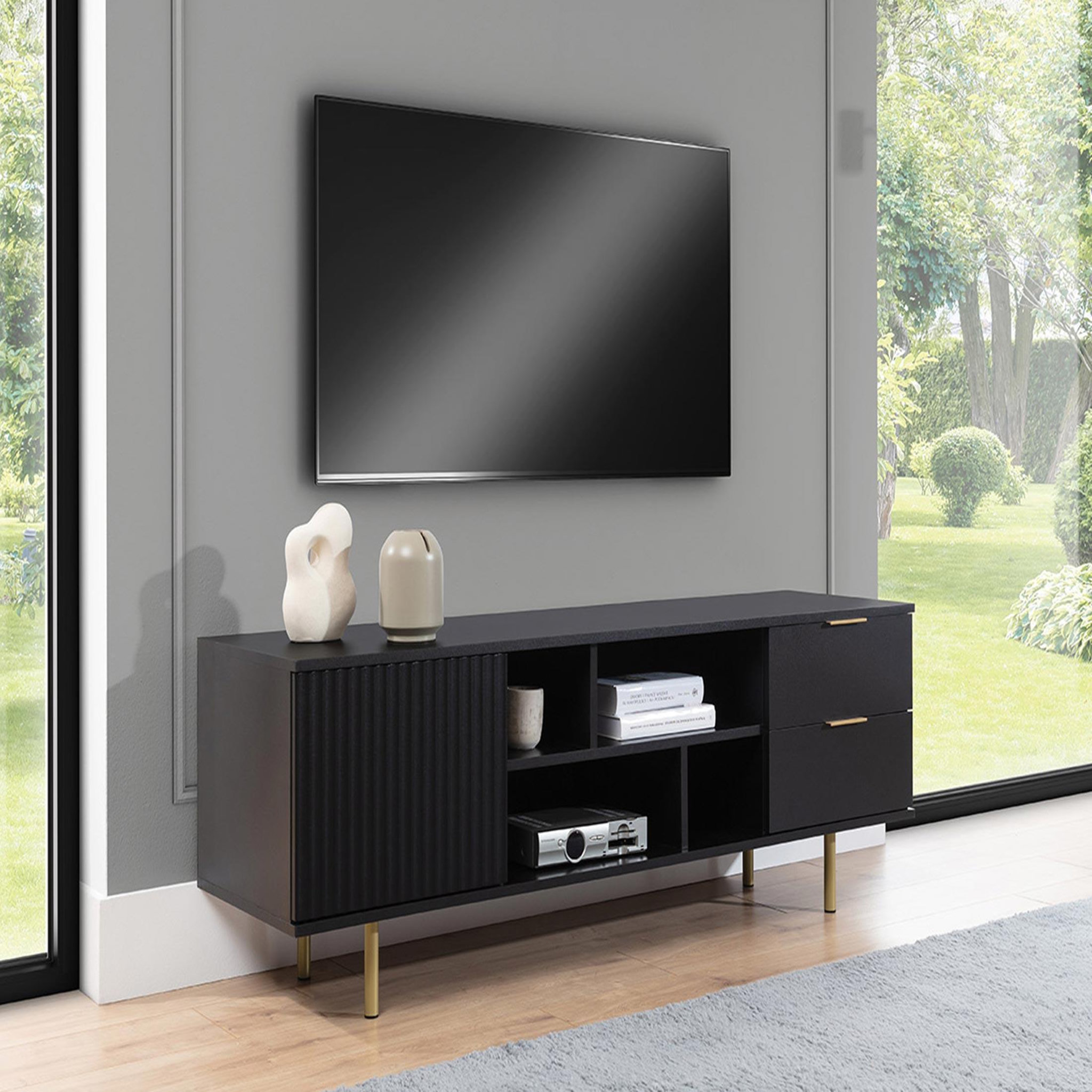 BEST MOBILIER Monica - meuble tv - noir - 4 niches et 2 portes - 150 cm. Coloris disponibles : Noir