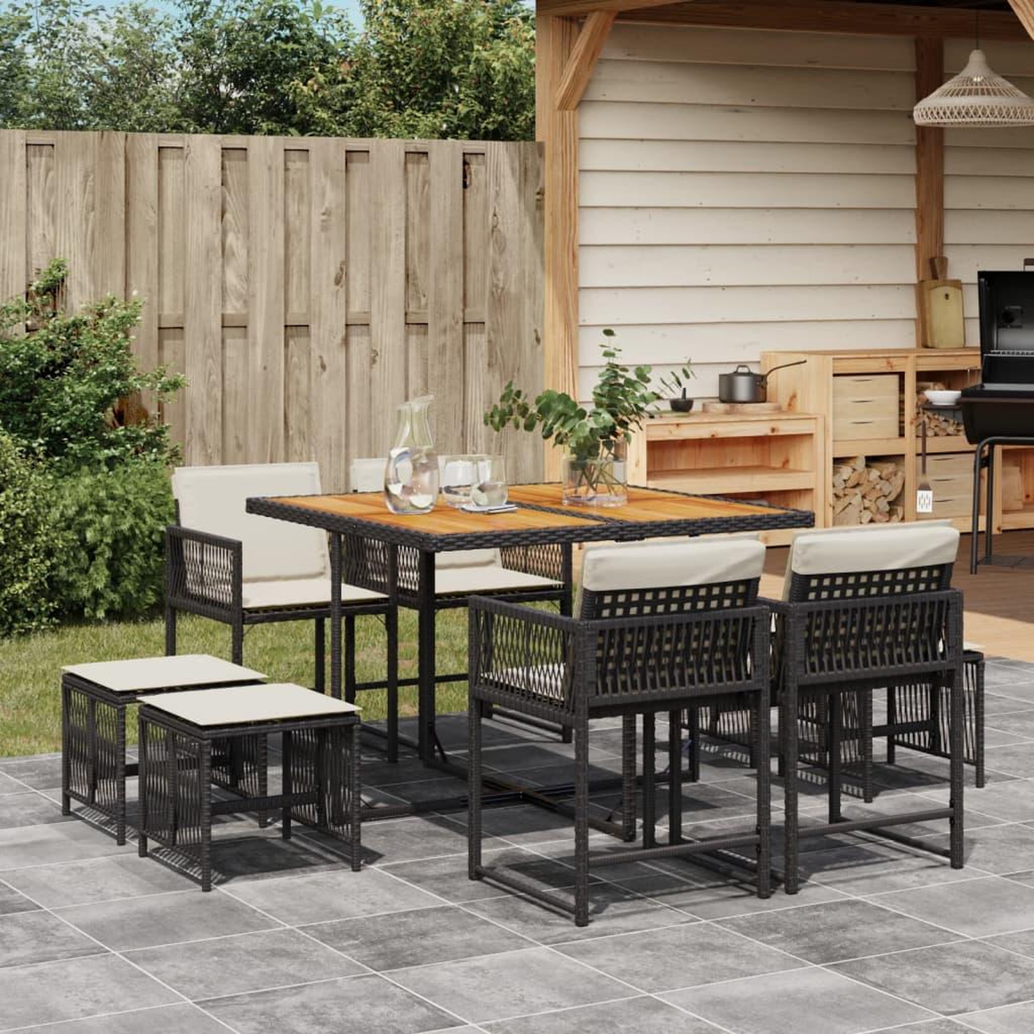 VIDAXL Ensemble a manger de jardin 9pcs coussins noir resine tressee