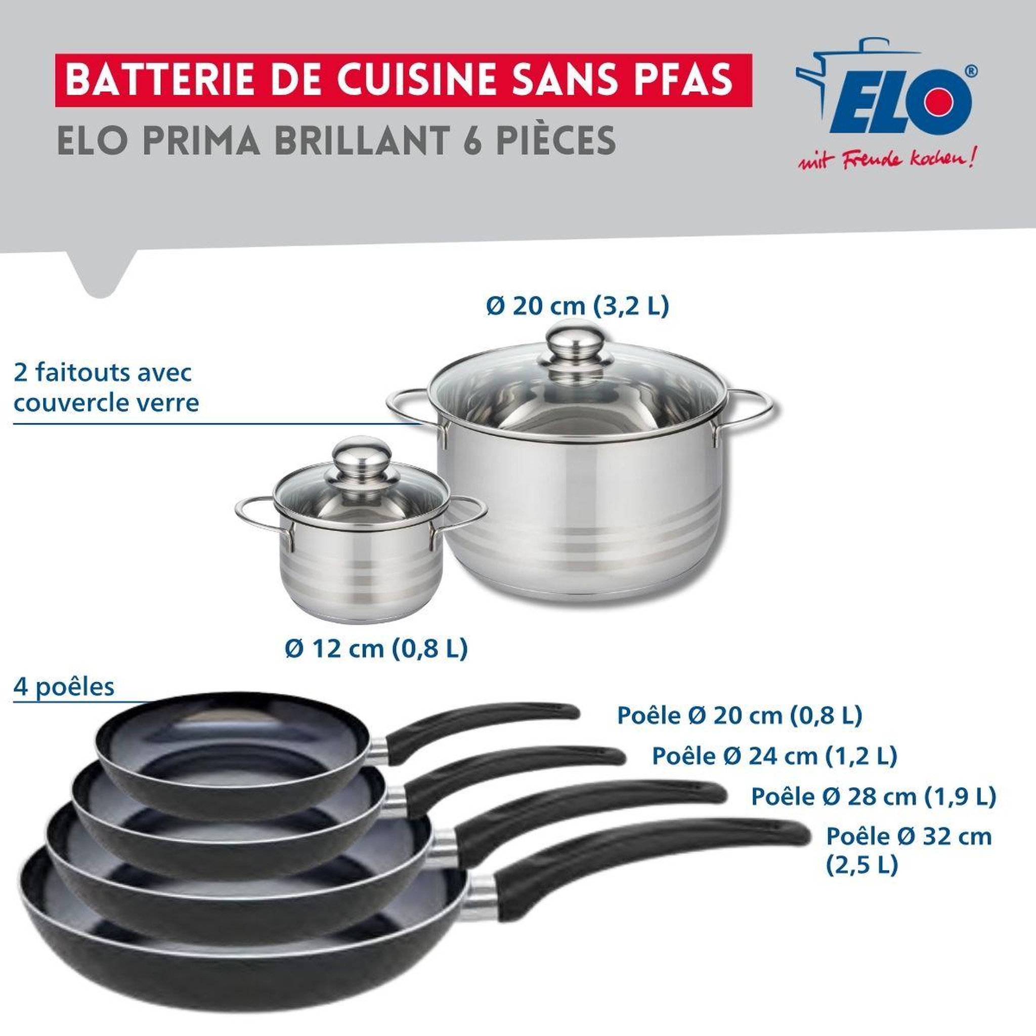 Voir la diapositive 2 : ELO Ensemble de 4 poêles de cuisson 20, 24, 28 et 32 cm et 2 faitouts 12 et 20 cm elo prima brillant