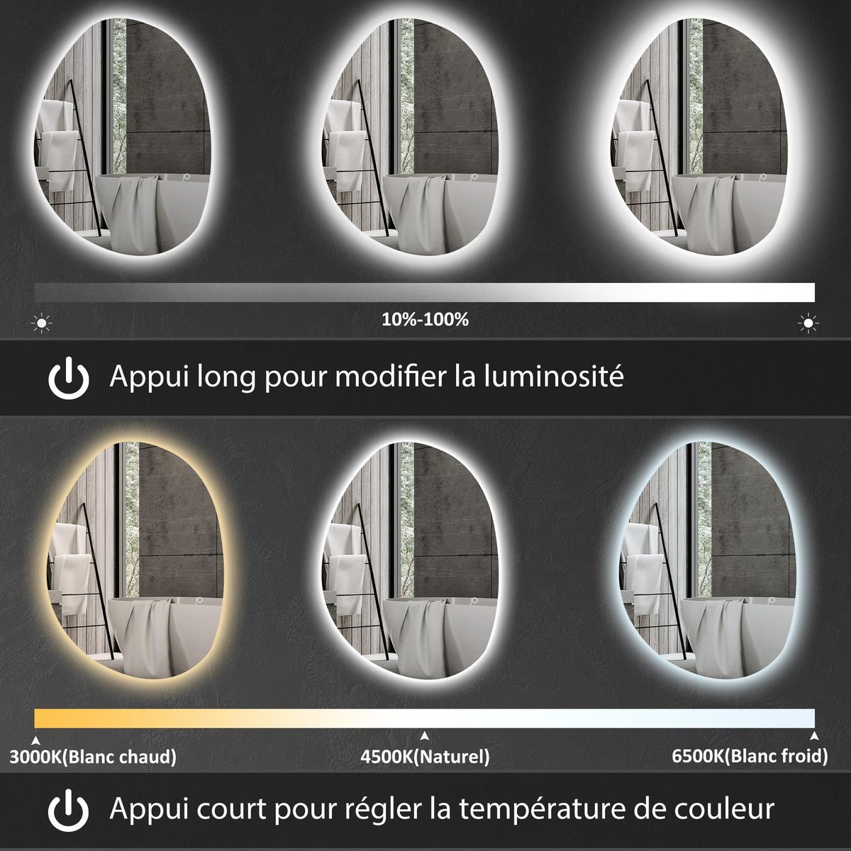 HOMCOM Miroir salle de bain design avec éclairage LED - miroir asymétrique 70 x 50 cm - tactile, réglable, anti-buée - verre trempé