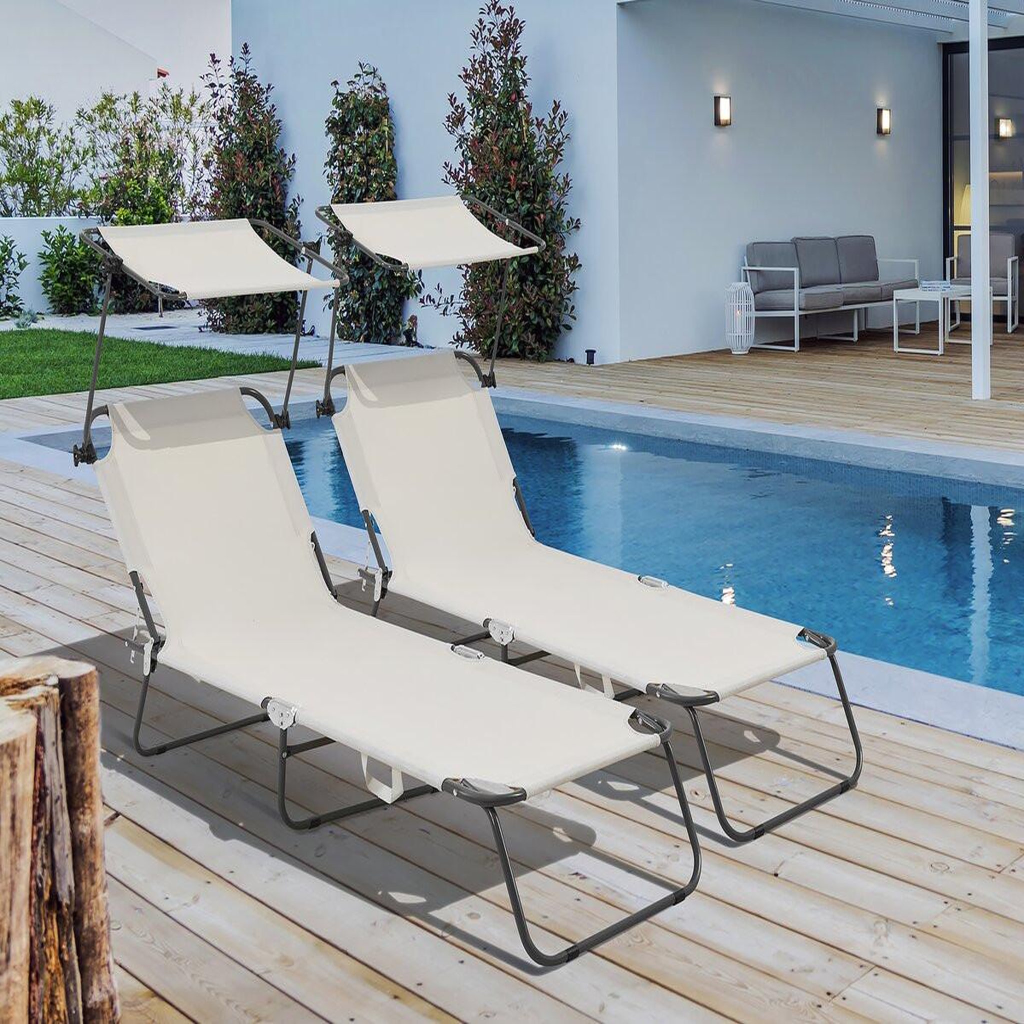 Voir la diapositive 2 : Habitat et Jardin Lot de 2 bain de soleil pliable  lazy  - avec pare soleil - beige