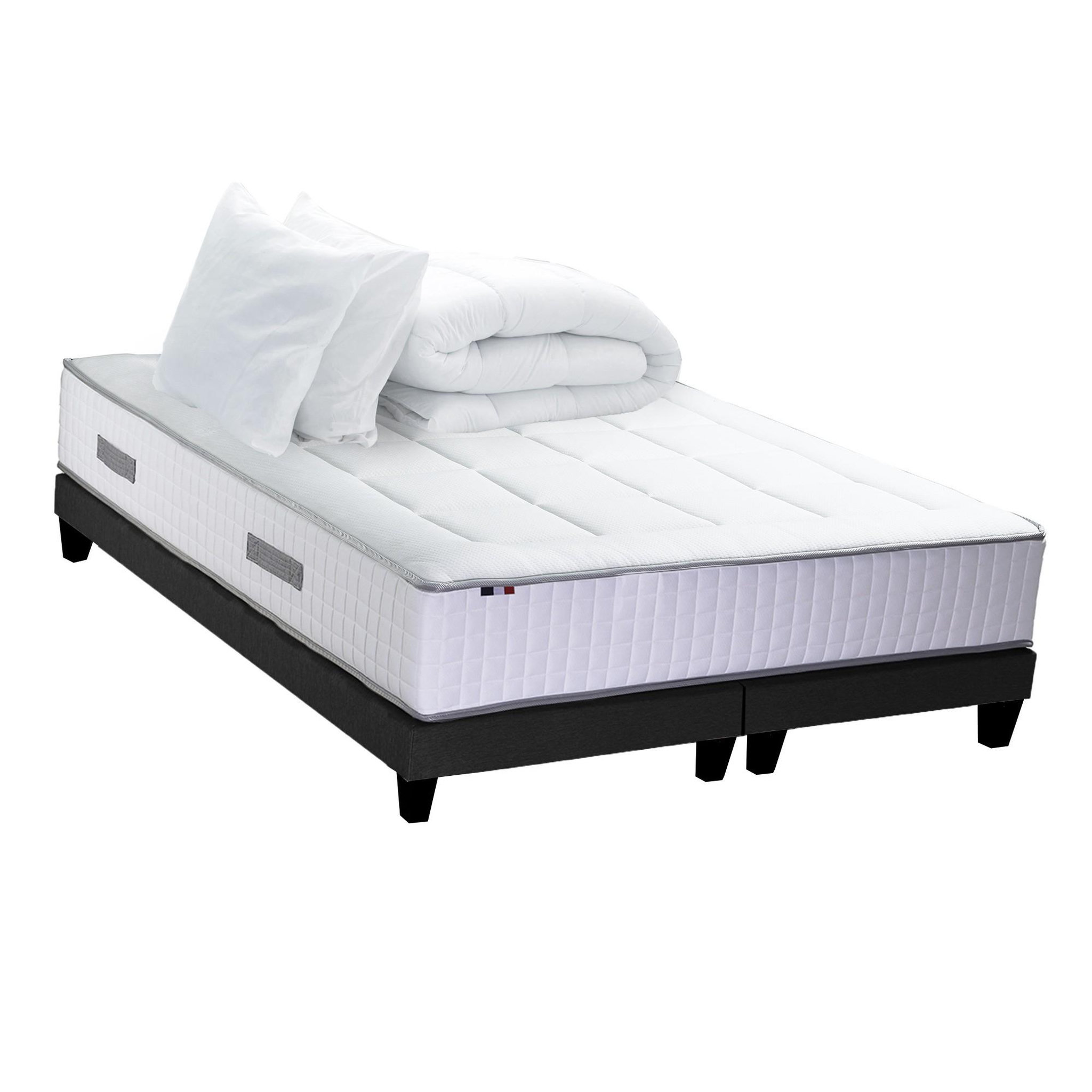 IDLITERIE Ensemble Matelas Ressort 7 zones + Mémoire de forme + Sommier + couette + oreillers BELLAGIO Fabriqué en France. Coloris disponibles : Gris
