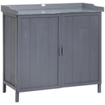 OUTSUNNY Armoire de rangement de jardin sur pied, table de rempotage 2 en 1 double porte, étagère, plateau métal galvanisé - bois sapin gris