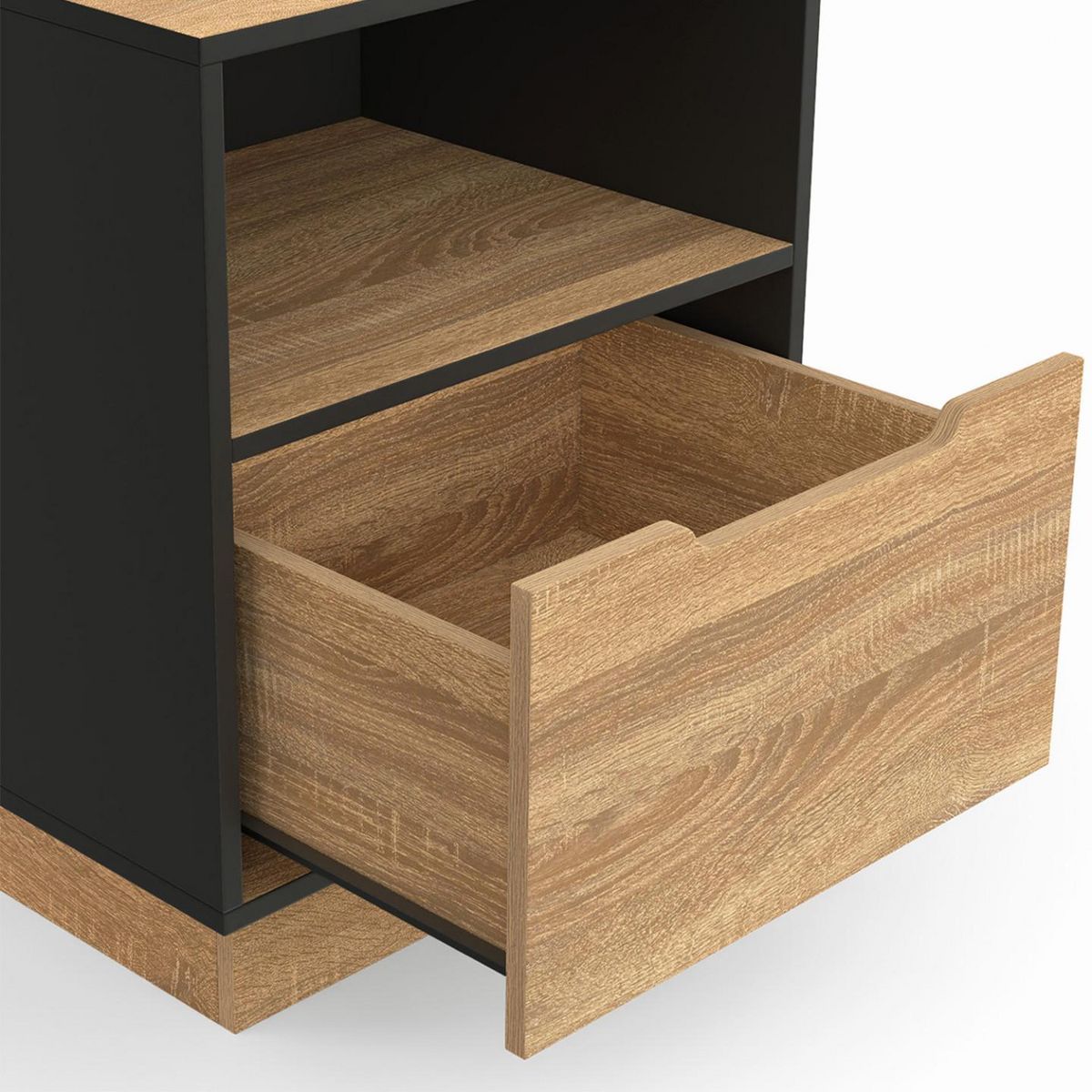 ID MARKET Lot de 2 tables de chevet OXANA 1 tiroir avec niche façon hêtre et noir