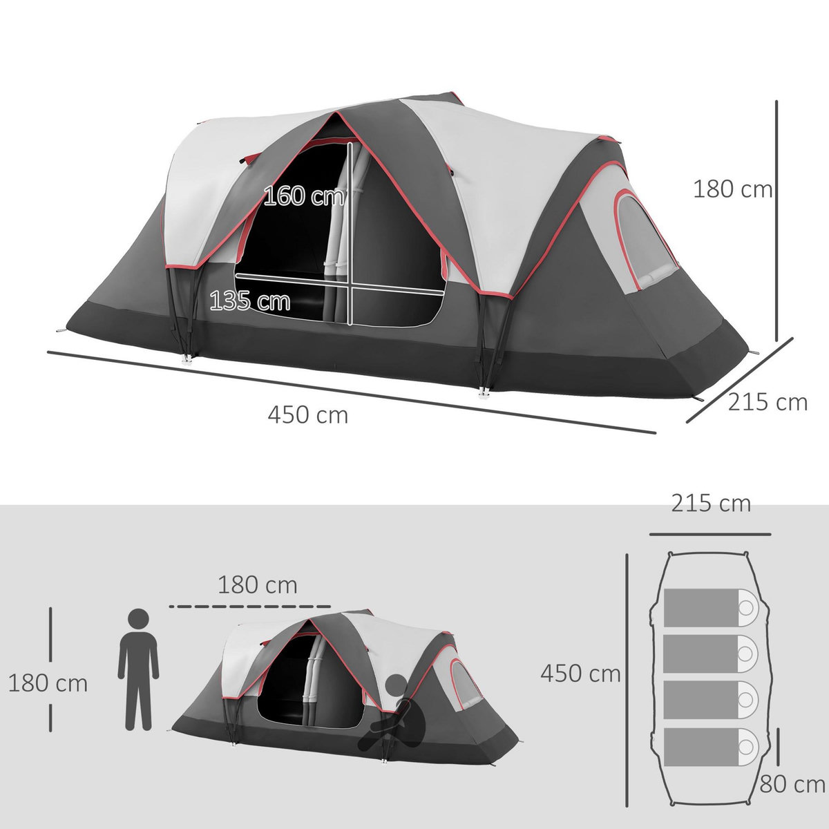 OUTSUNNY Tente de camping familiale 6-8 pers. double toit étanche 2 000 mm moustiquaire sac de tranport gris