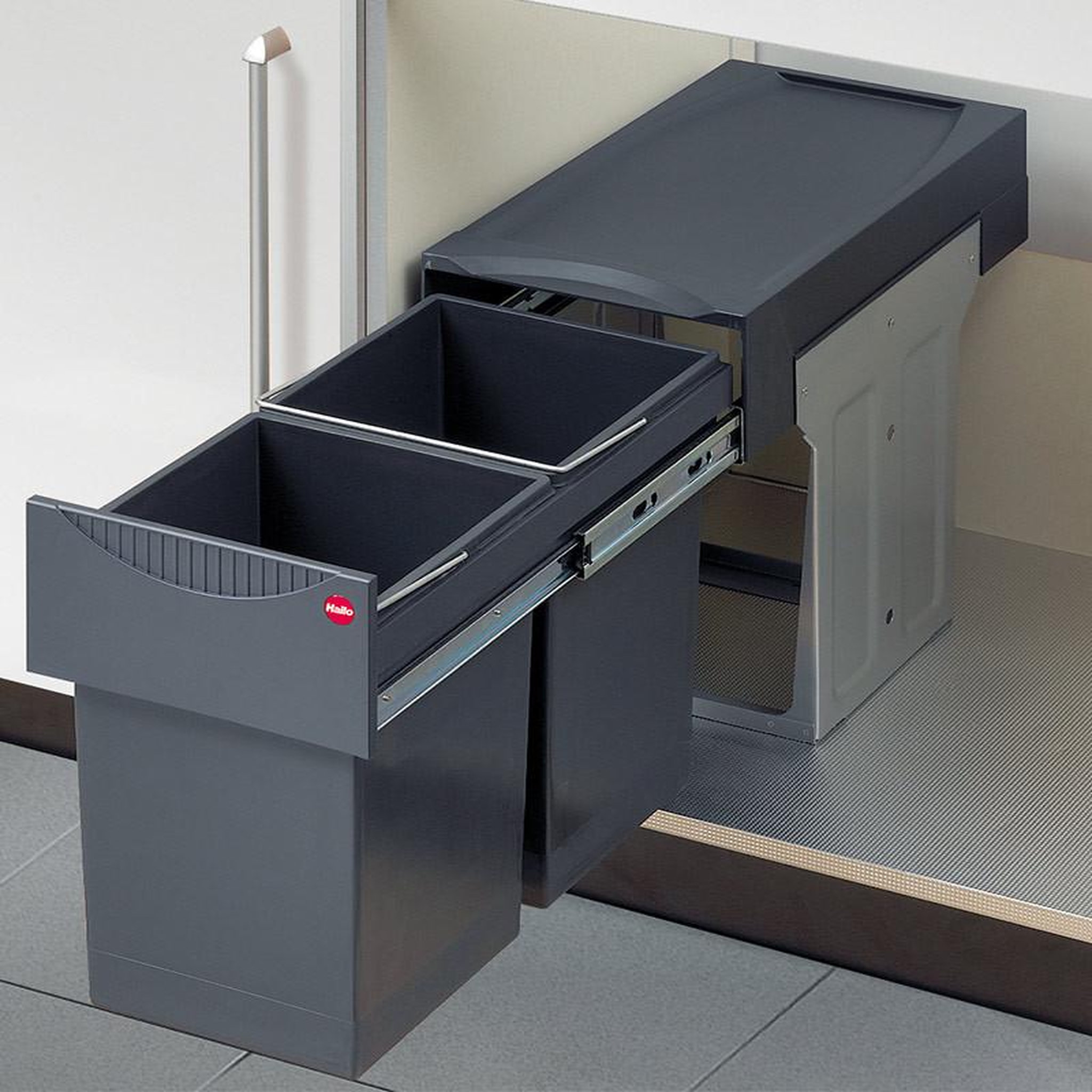 Voir la diapositive 2 : HAILO Poubelle de cuisine tri sélectif 2 bacs encastrable sous évier 30l (15+15) hailo as tandem