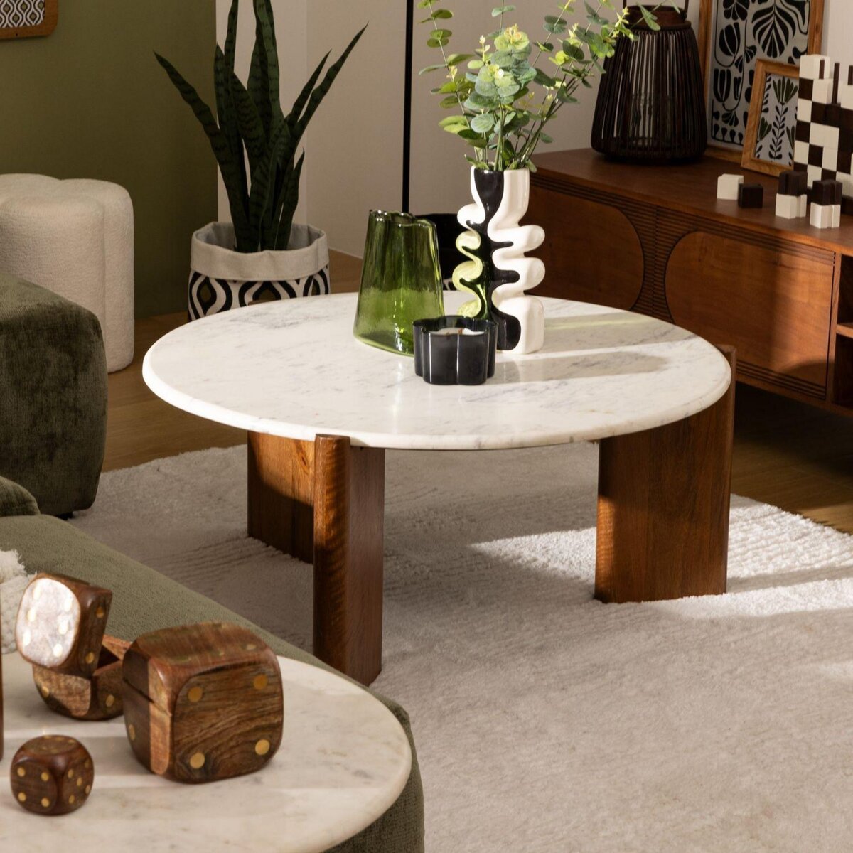 ATMOSPHERA Table basse ronde en marbre et bois massif NANDA - Blanc