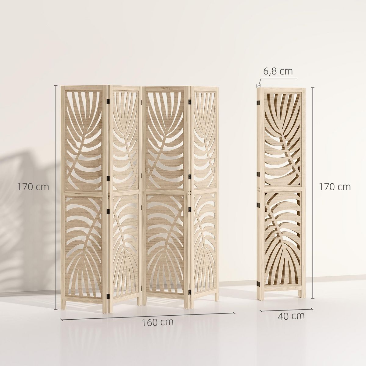 HOMCOM Paravent interieur 4 panneaux style exotique - séparateur pliable ajustable 2 parties - bois ajouré feuilles