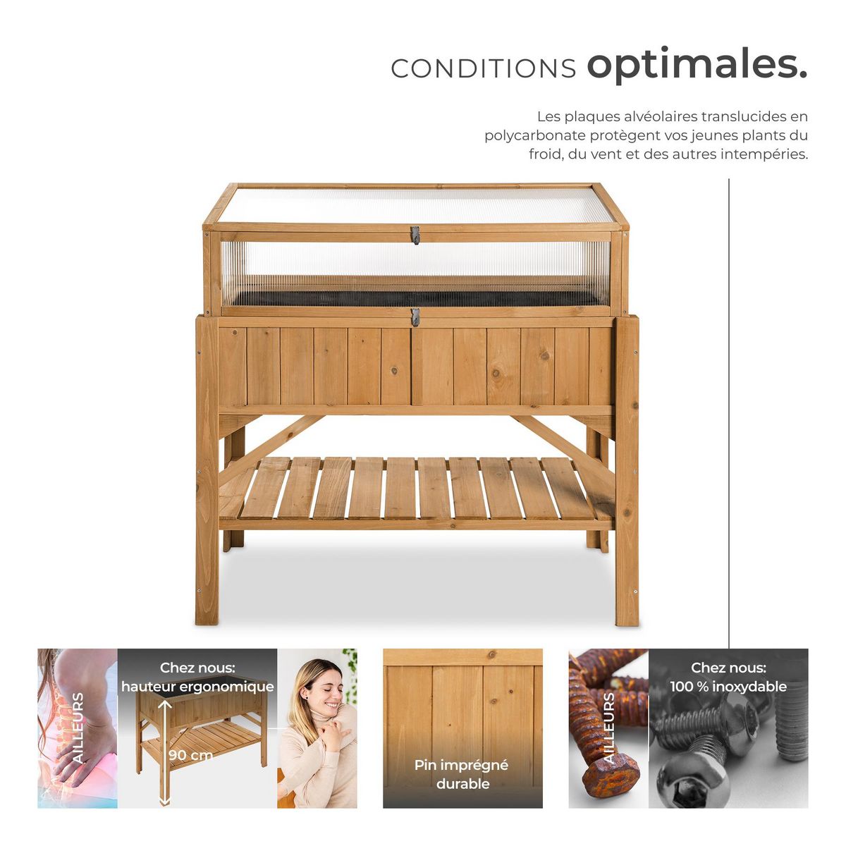 tectake Carré potager de jardin sur pied surélevé en bois de pin imprégné marron