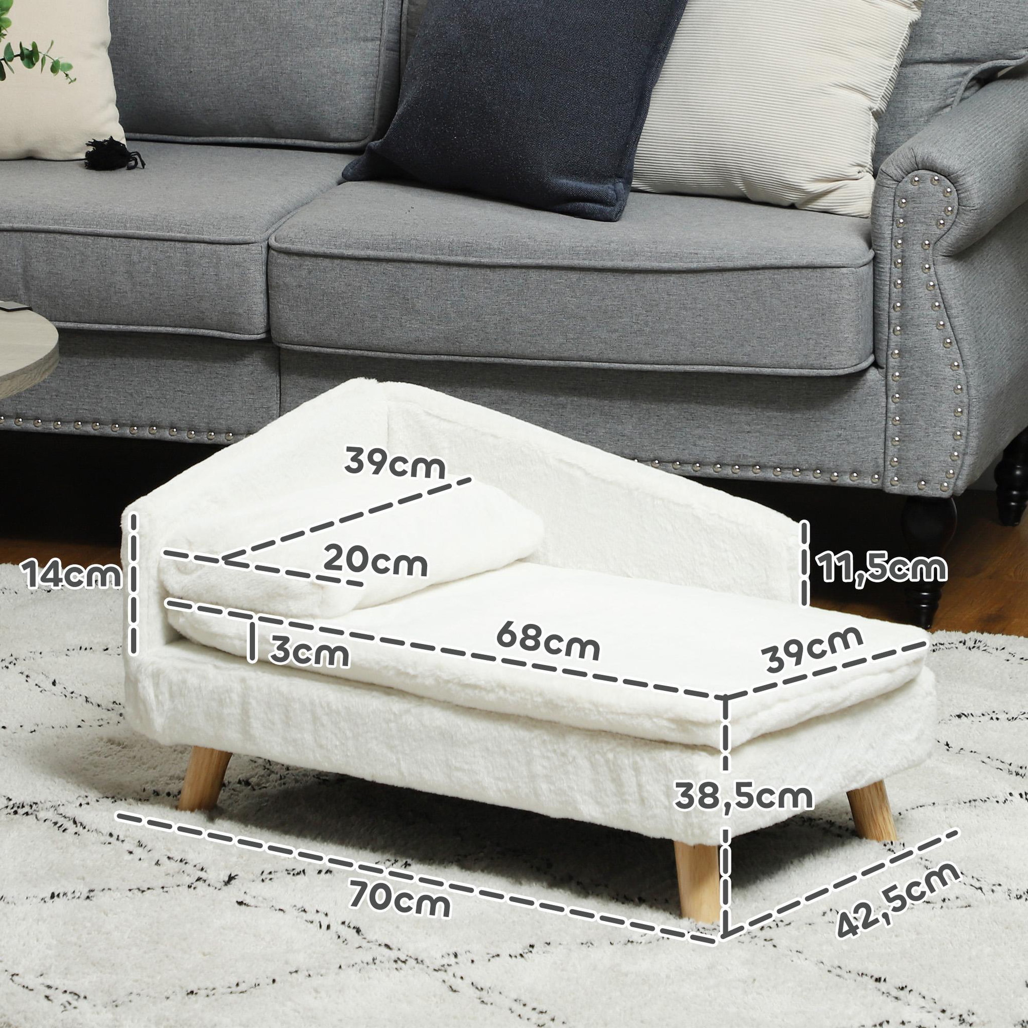 Voir la diapositive 3 : PAWHUT Canapé chien méridienne style scandinave 2 coussins déhoussables bois aspect fourrure crème