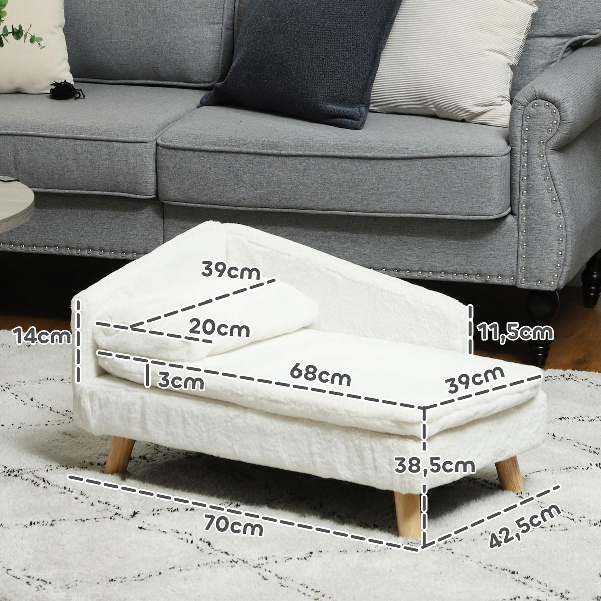 PAWHUT Canapé chien méridienne style scandinave 2 coussins déhoussables bois aspect fourrure crème
