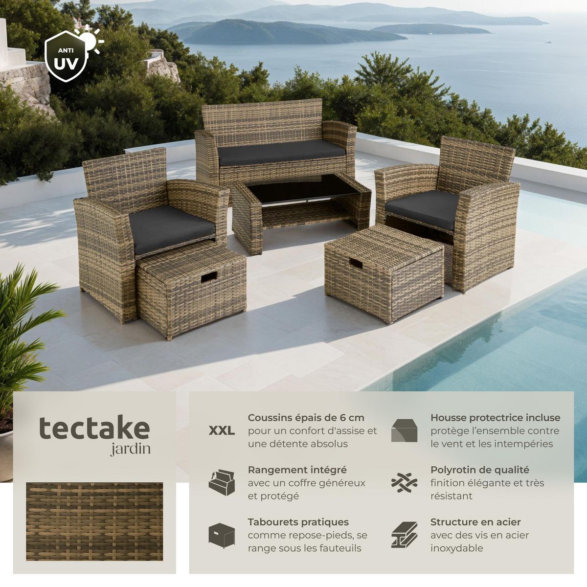 tectake Salon de jardin pour 4 à 6 personnes marron naturel