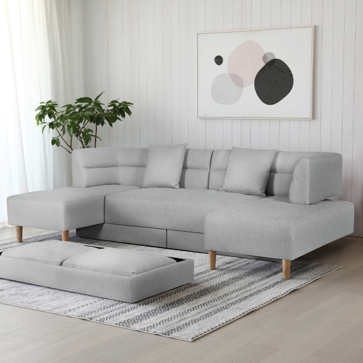 CONCEPT USINE Canapé multifonction 4 places en tissu gris clair BERGA