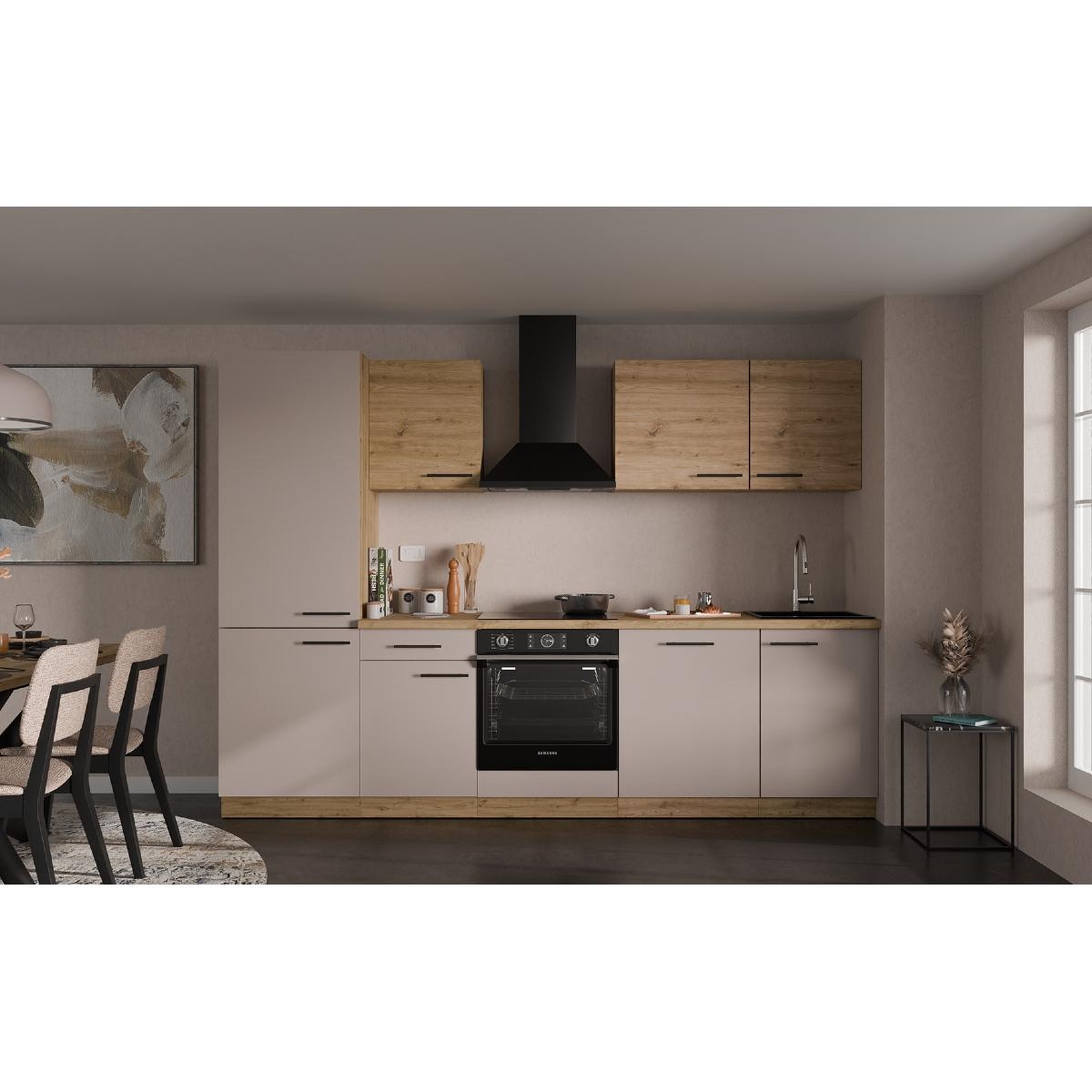 Voir la diapositive 3 : JLC KREATION Cuisine complète moderne beige et bois 280cm NALA