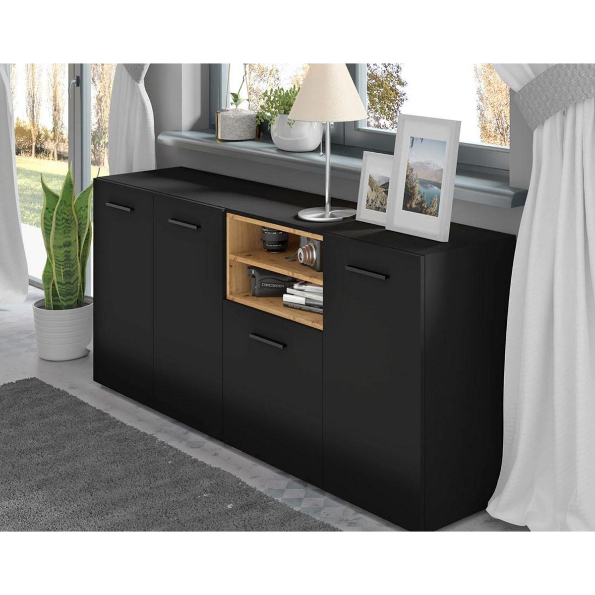 BEST MOBILIER Leolio - buffet bas - noir et effet bois - 151 cm