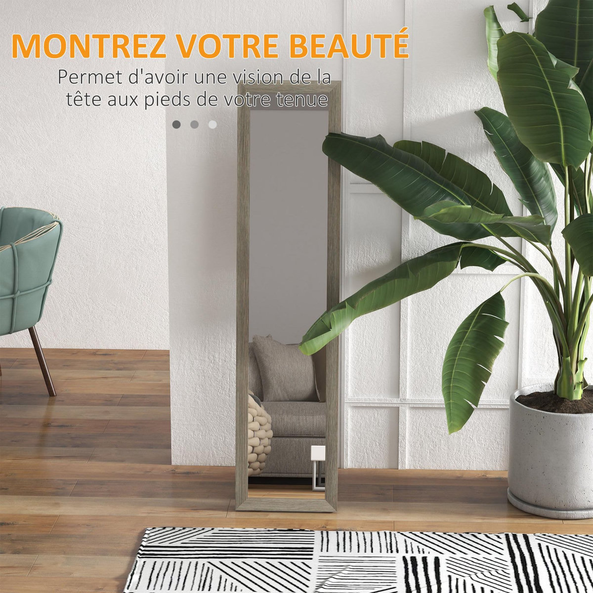 HOMCOM Miroir sur pied et mural rectangulaire dim. 37L x 40l x 157H cm aspect bois gris
