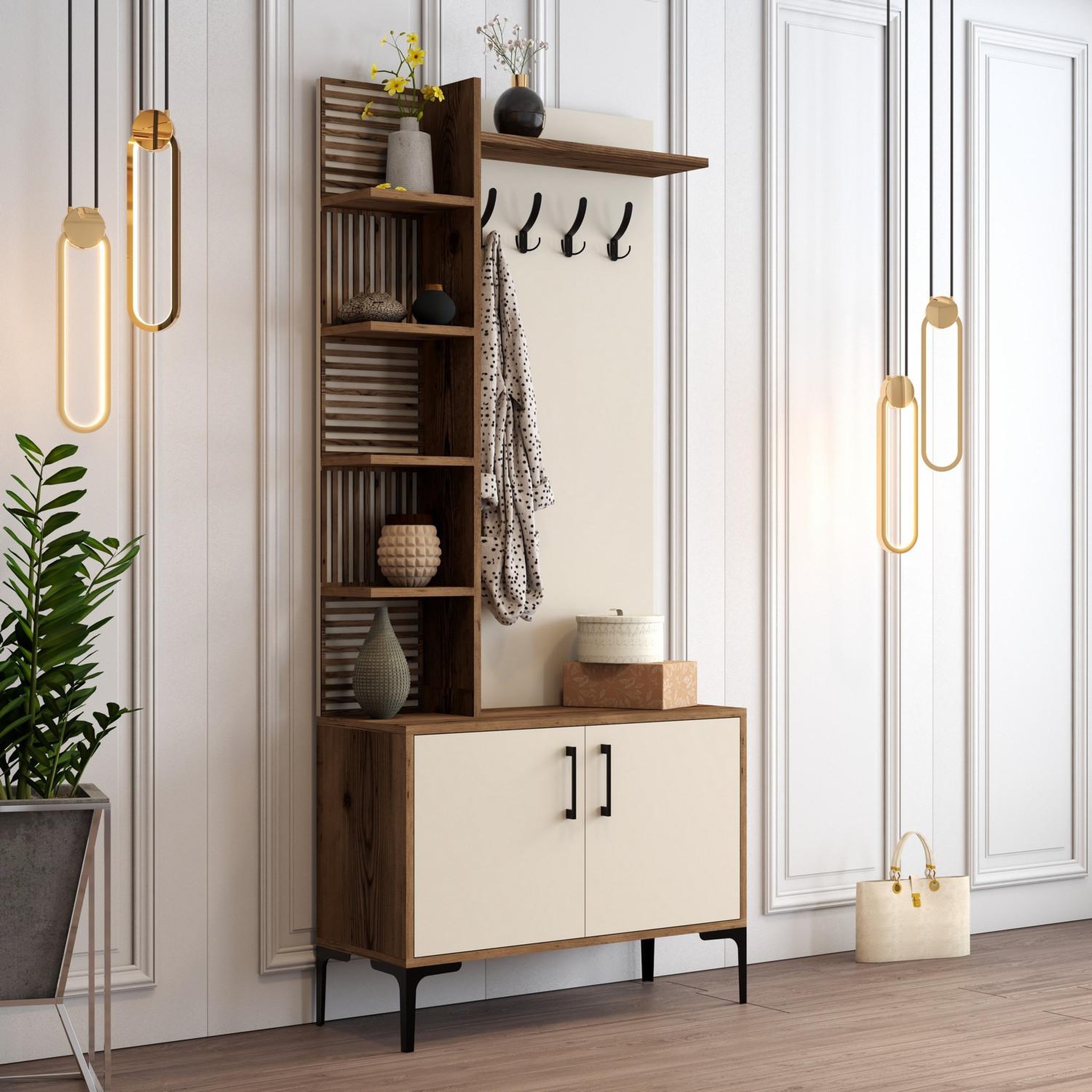 Voir la diapositive 3 : Habitat et Jardin Meuble d'entrée en bois  viyana d  - 35 x 90 x 200 cm - noyer, crème