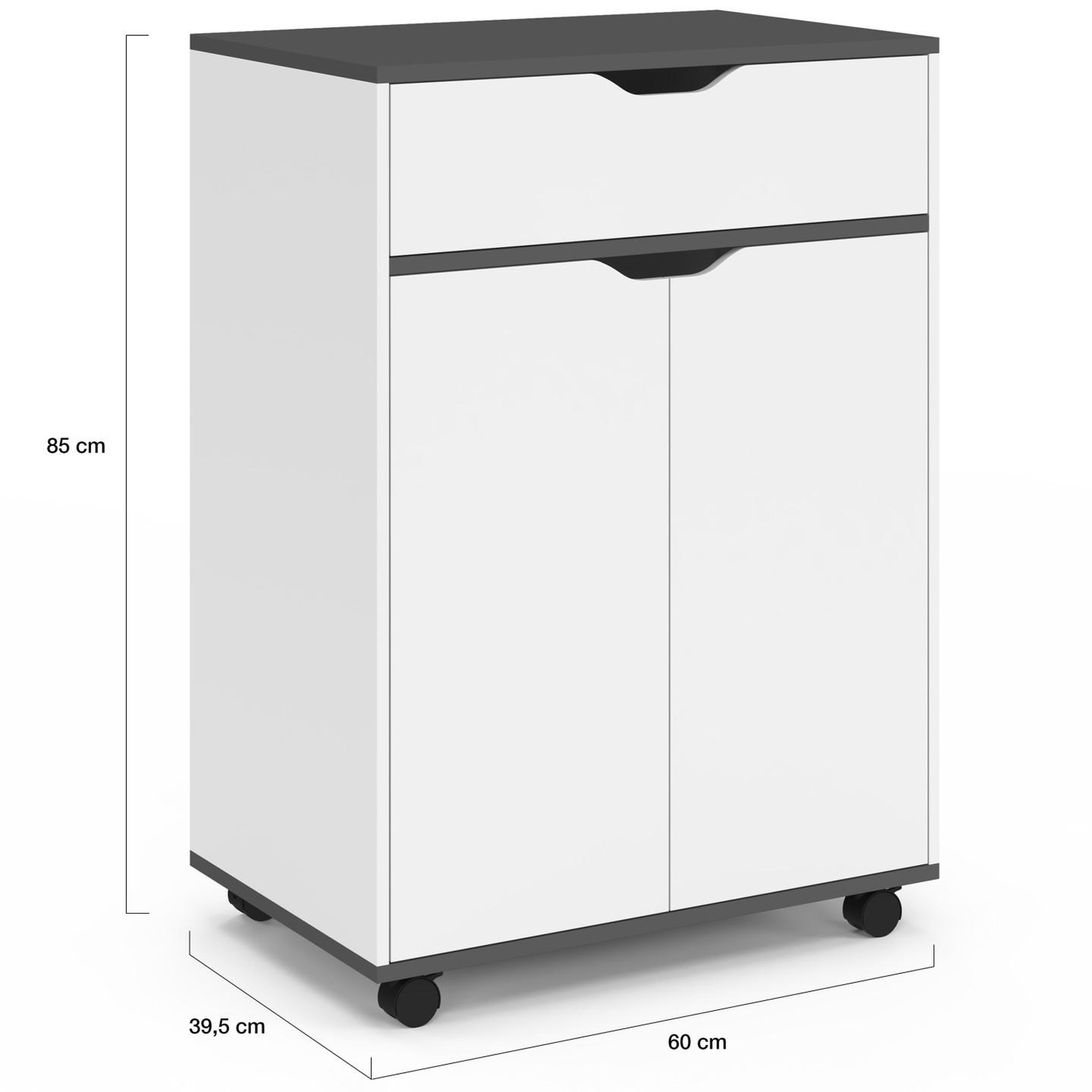 Voir la diapositive 5 : ID MARKET Desserte de cuisine cosy placard avec tiroir bois blanc et plateaux gris l.60 cm
