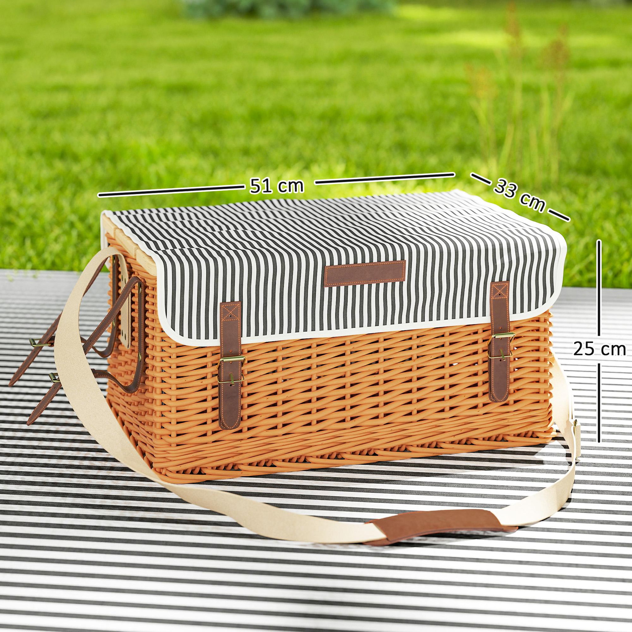 Voir la diapositive 3 : OUTSUNNY Panier de pique-nique en osier ensemble panier pique-nique 4 personnes avec petite table et accessoires