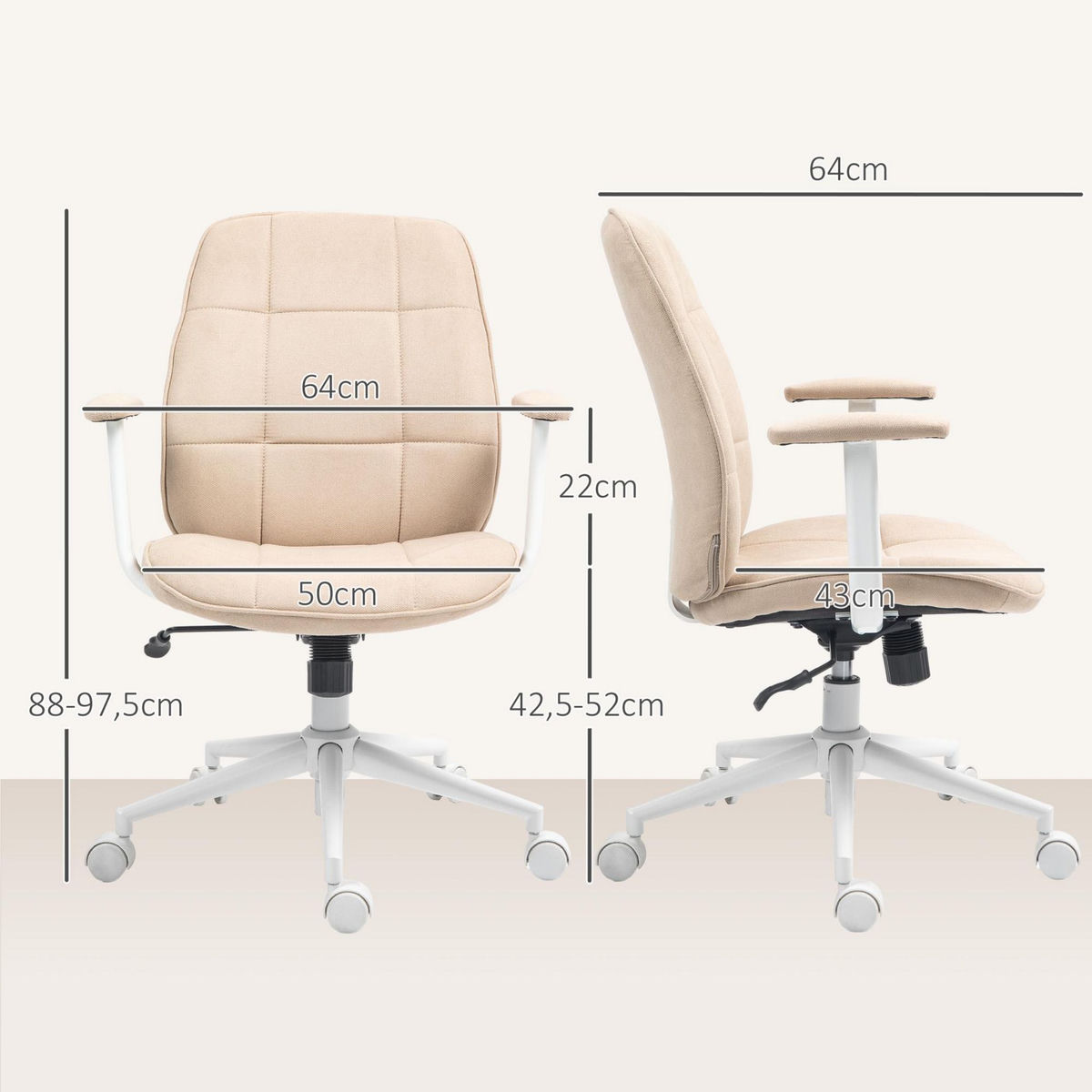 HOMCOM Chaise de bureau style Chesterfield - réglable, fonction bascule verrouillable - tissu beige