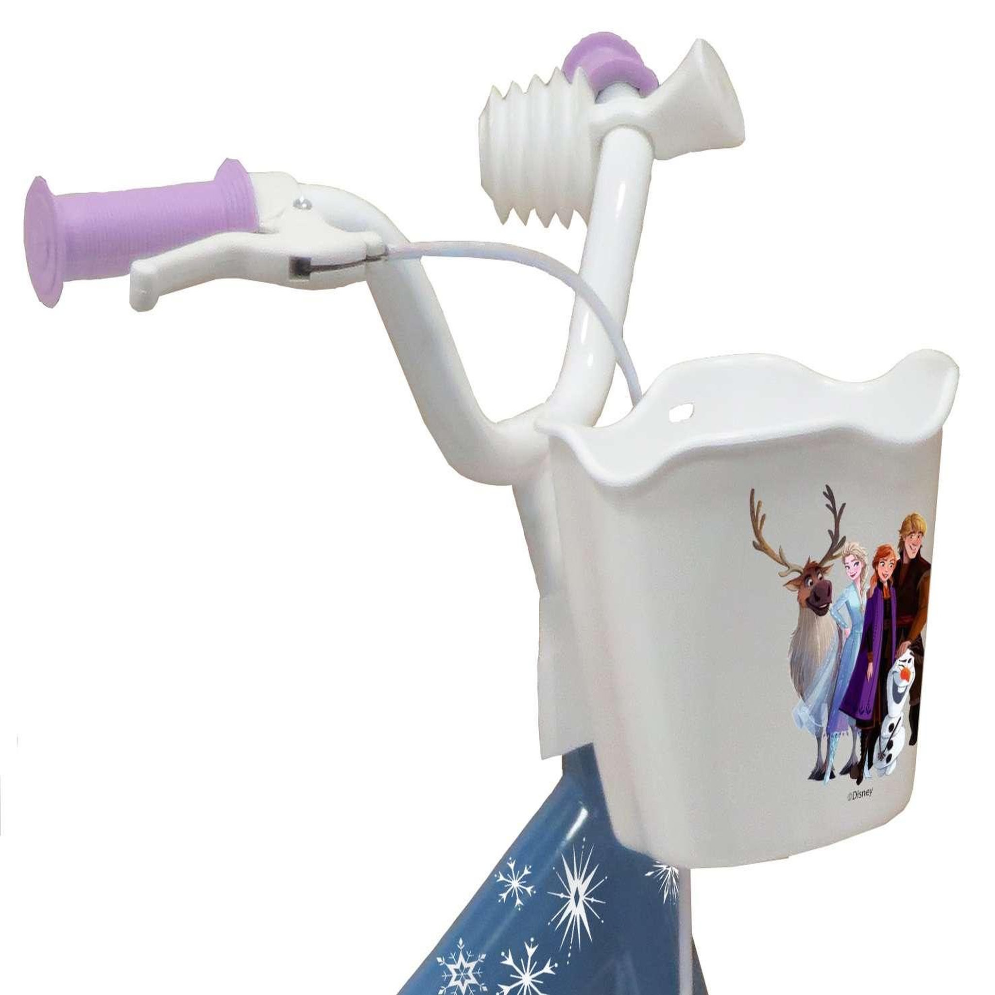 Voir la diapositive 3 : Disney La Reine des Neiges Vélo enfnat - Modèle 12'' Reine des neiges pour enfant de 85/100 cm avec stabilisateurs - 1 Frein - Panier avant - Porte poupée arrière et roues batons