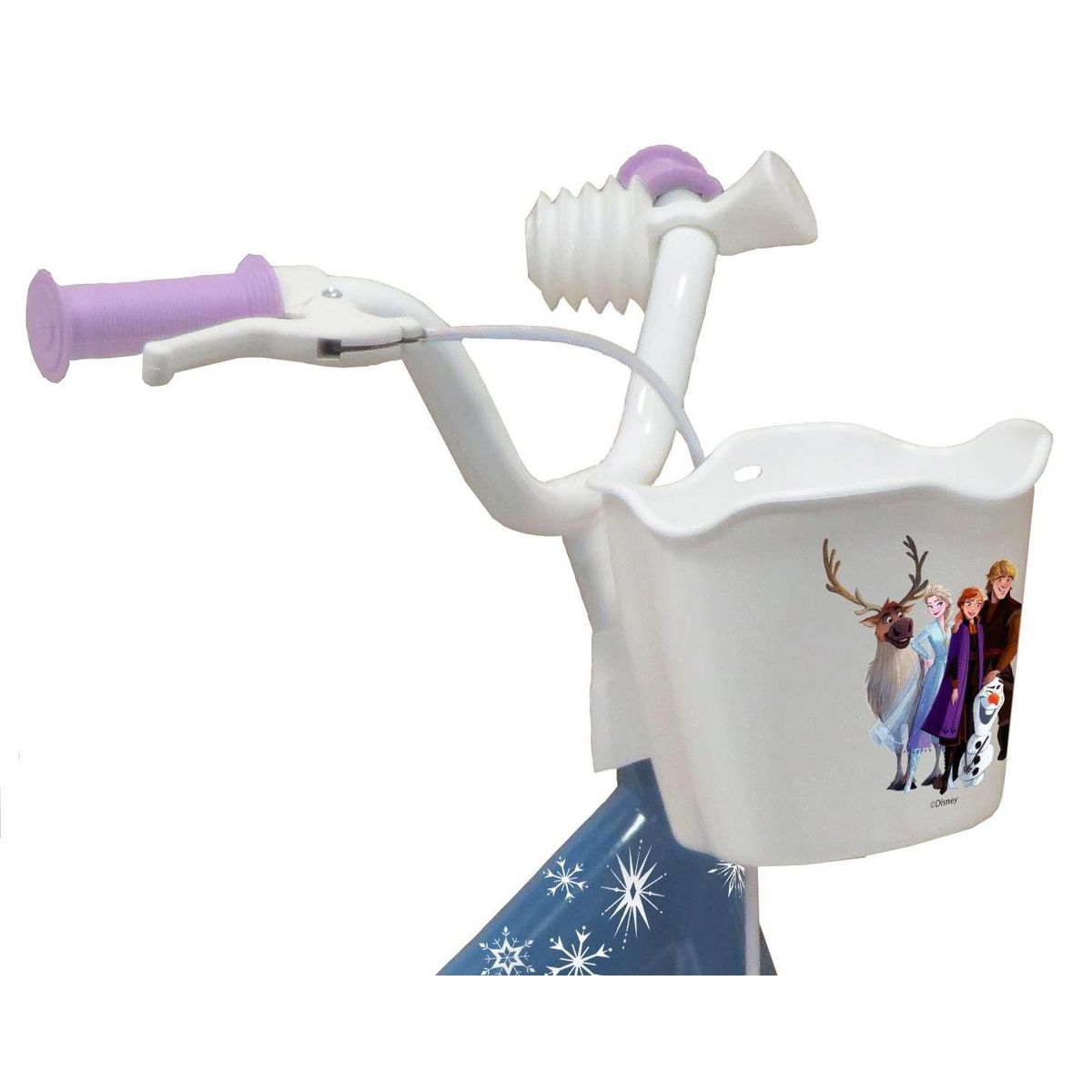 Disney La Reine des Neiges Vélo enfnat - Modèle 12'' Reine des neiges pour enfant de 85/100 cm avec stabilisateurs - 1 Frein - Panier avant - Porte poupée arrière et roues batons