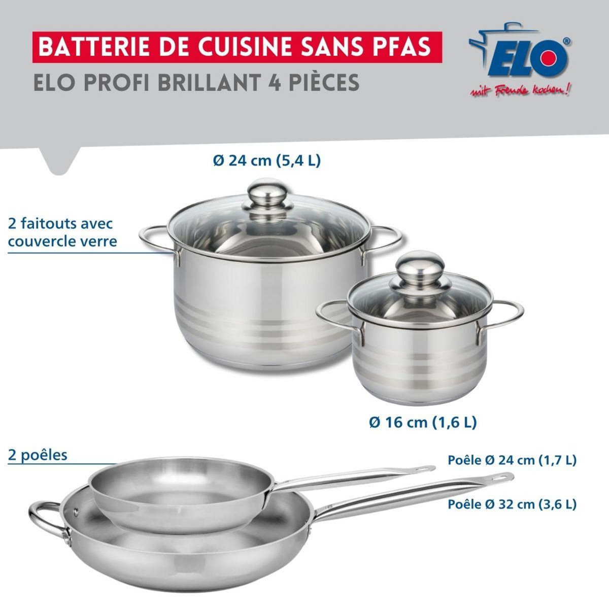 666 Barcelona Ensemble de 2 Poêles de cuisson 24 et 32 cm et 2 faitouts 16 et 24 cm Elo Profi Brillant