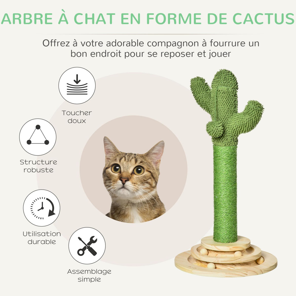 PAWHUT Griffoir chat design cactus - jouet pompon suspendu, jouet boules - bois de pin sisal vert