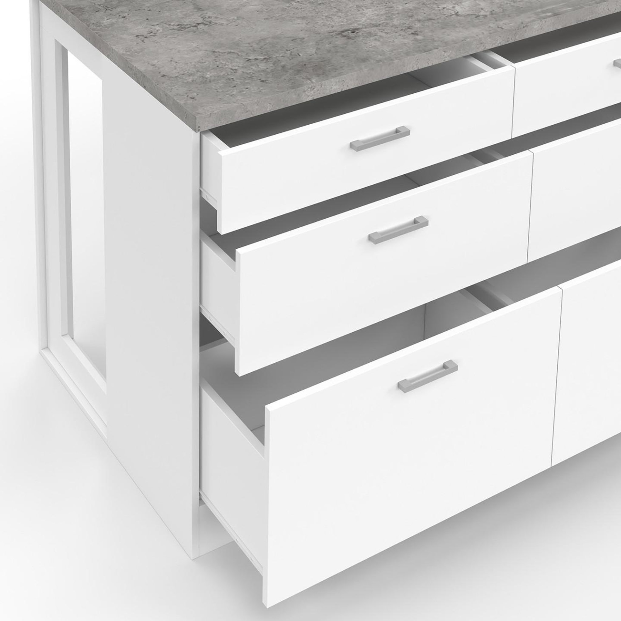 Voir la diapositive 6 : ID MARKET Ilot central mange-debout orso 120 cm casserolier 6 tiroirs blanc avec plan de travail effet béton