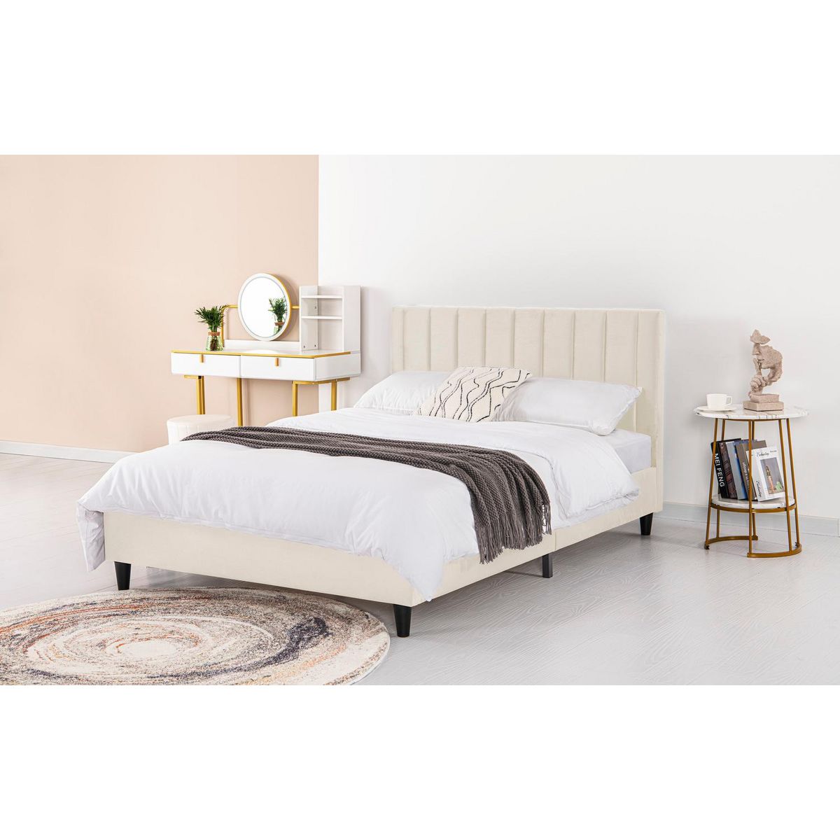 CONCEPT USINE Lit 140x190 cm en velours beige CAMBRIDGE