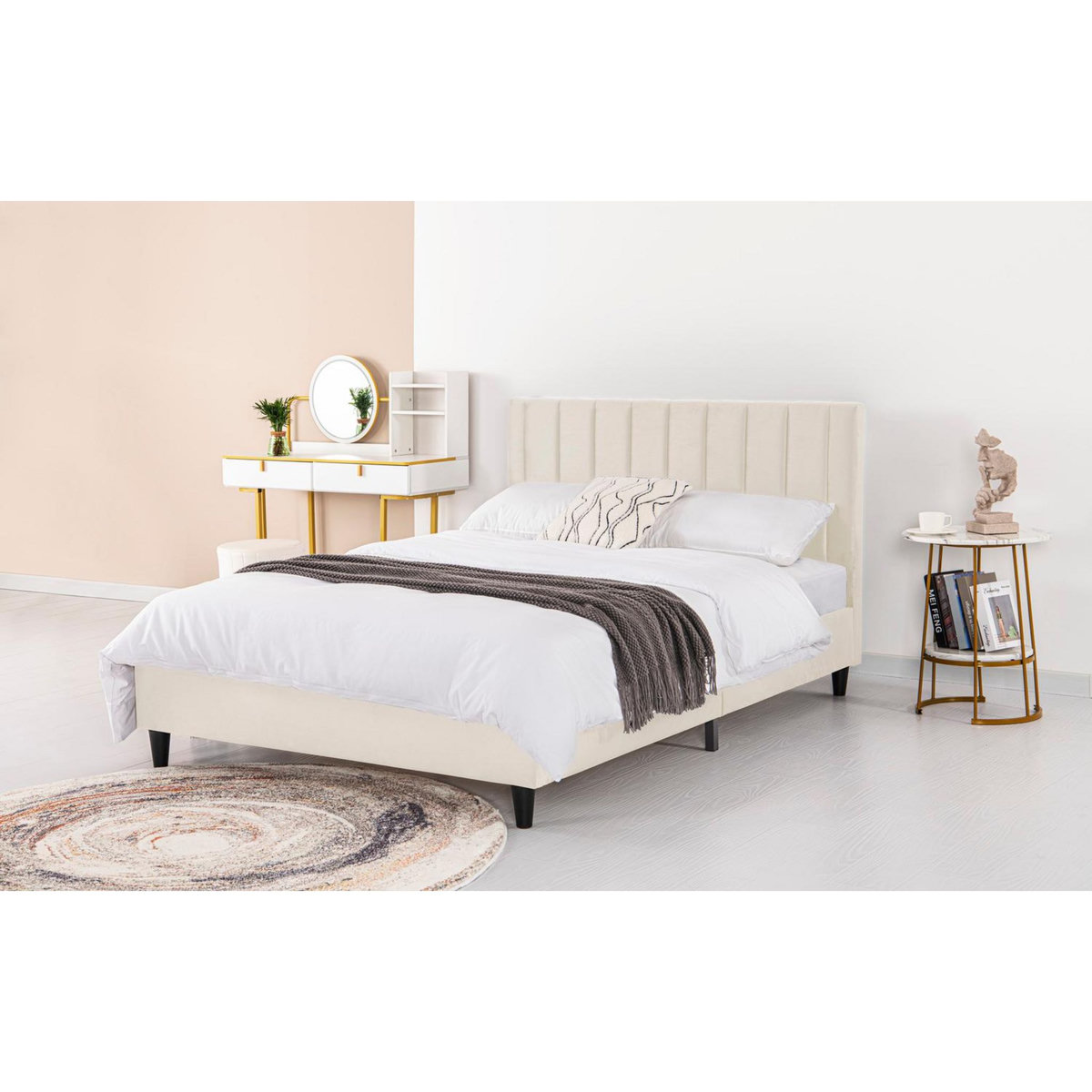 CONCEPT USINE Lit 140x190 cm en velours beige CAMBRIDGE