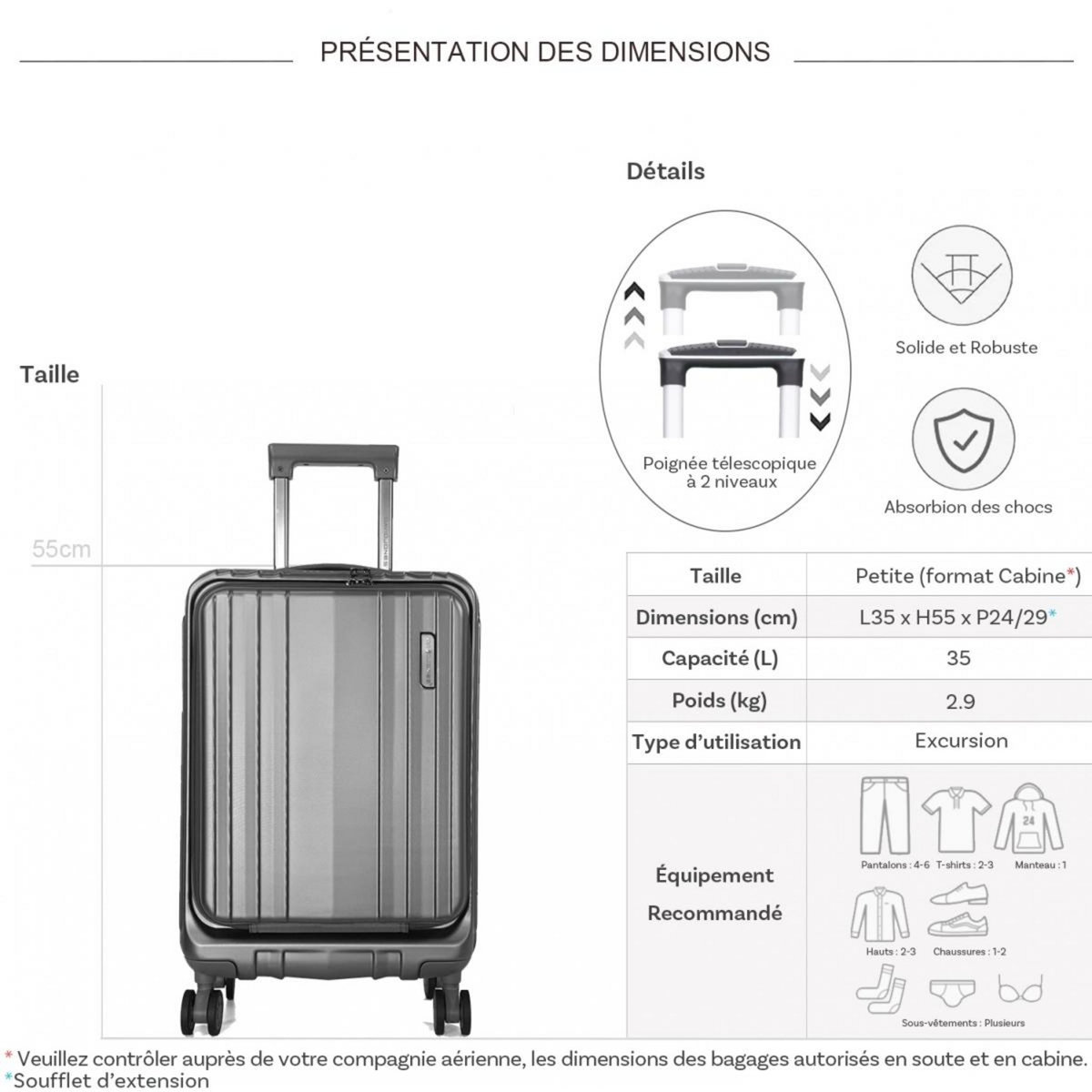 David Jones Valise cabine rigide porte-ordinateur 15.6  TSA 55cm