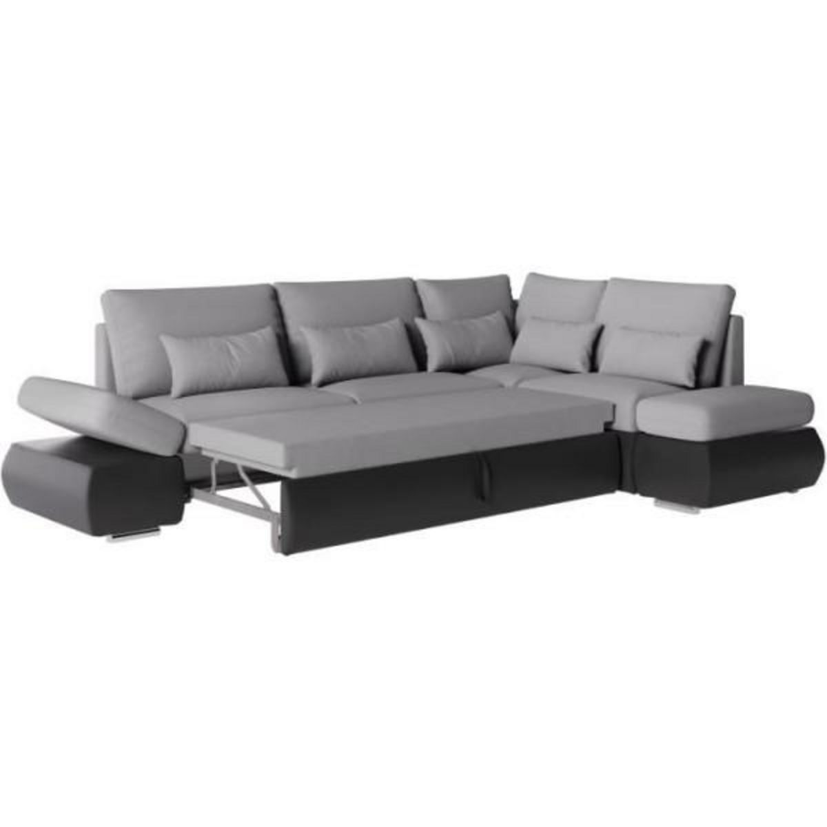 LOUNGITUDE Canapé d'angle réversible convertible SEVARA 4 places - PU et tissu Gris - Coffre de rangement - L267 x P200 x H90 cm