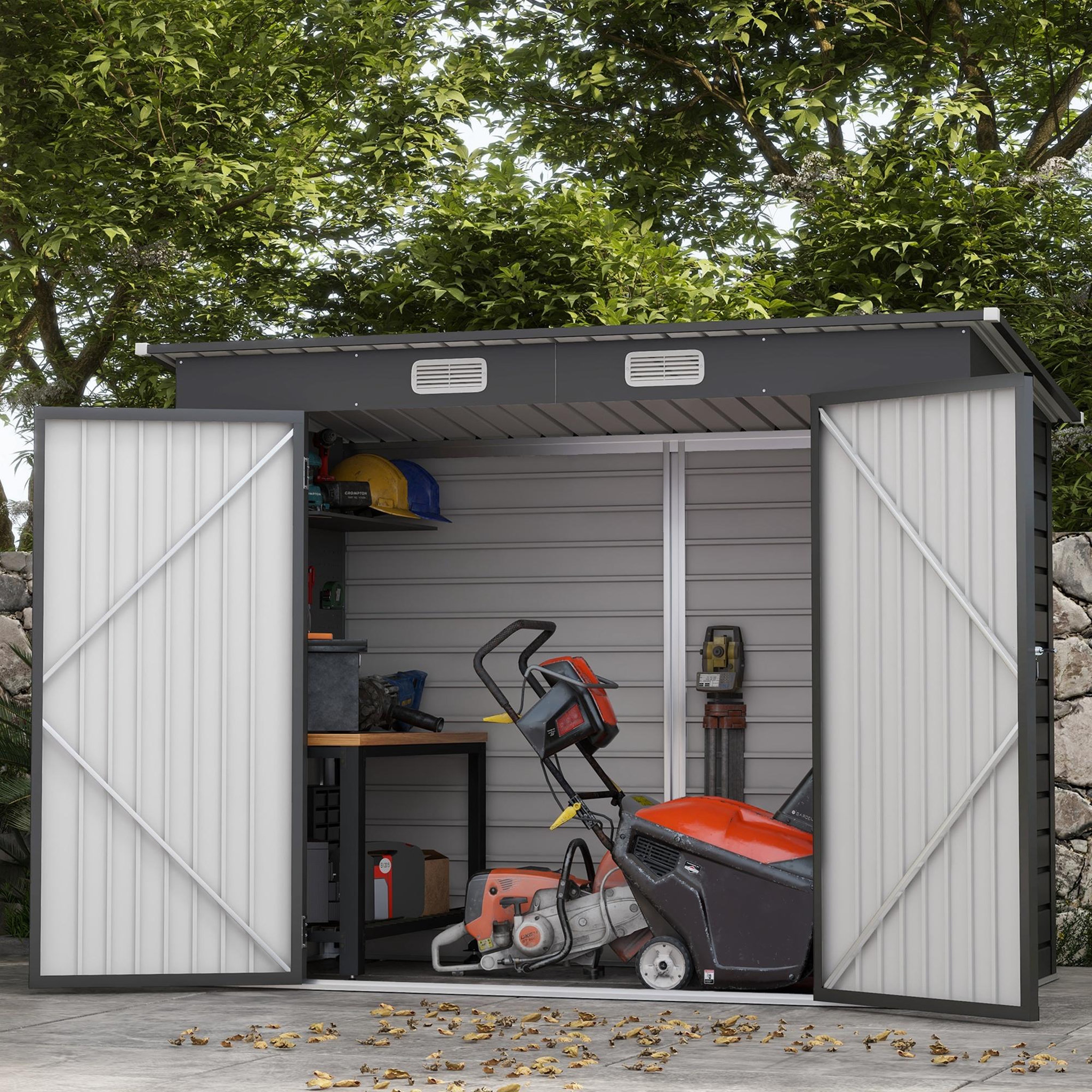 Voir la diapositive 2 : OUTSUNNY Abri de jardin 3 m² tôle d'acier 2 portes verrouillables 2 évents toit incliné
