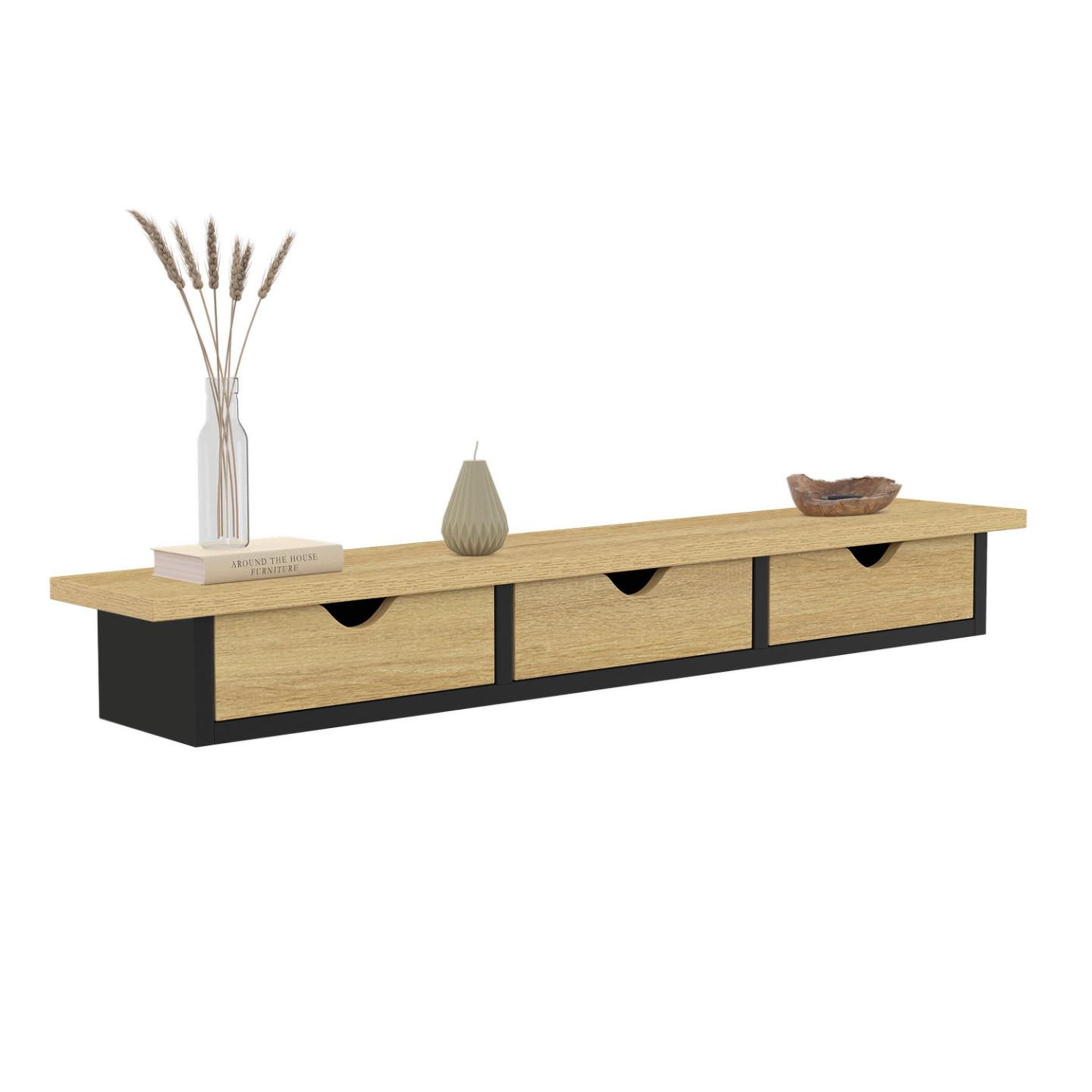 ID MARKET Etagère murale console d'entrée lise 3 tiroirs effet bois et noir
