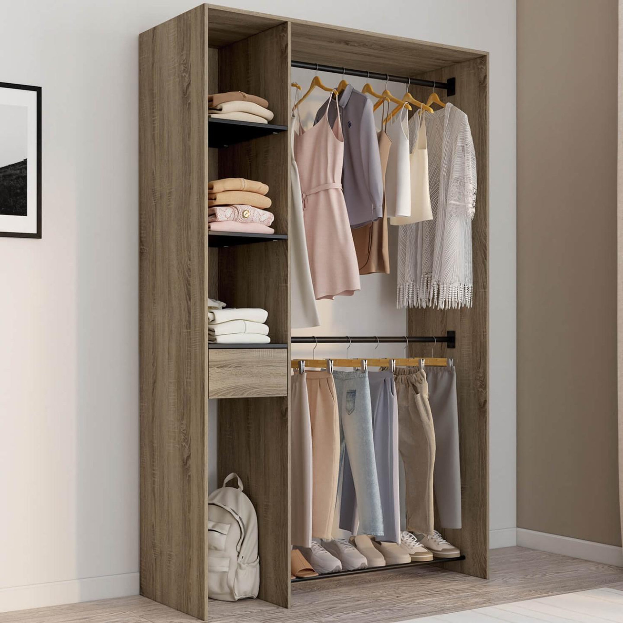 Voir la diapositive 2 : ID MARKET Dressing double penderie l. 110 cm mirty avec étagères + tiroir + rangements à chaussures hêtre et noir
