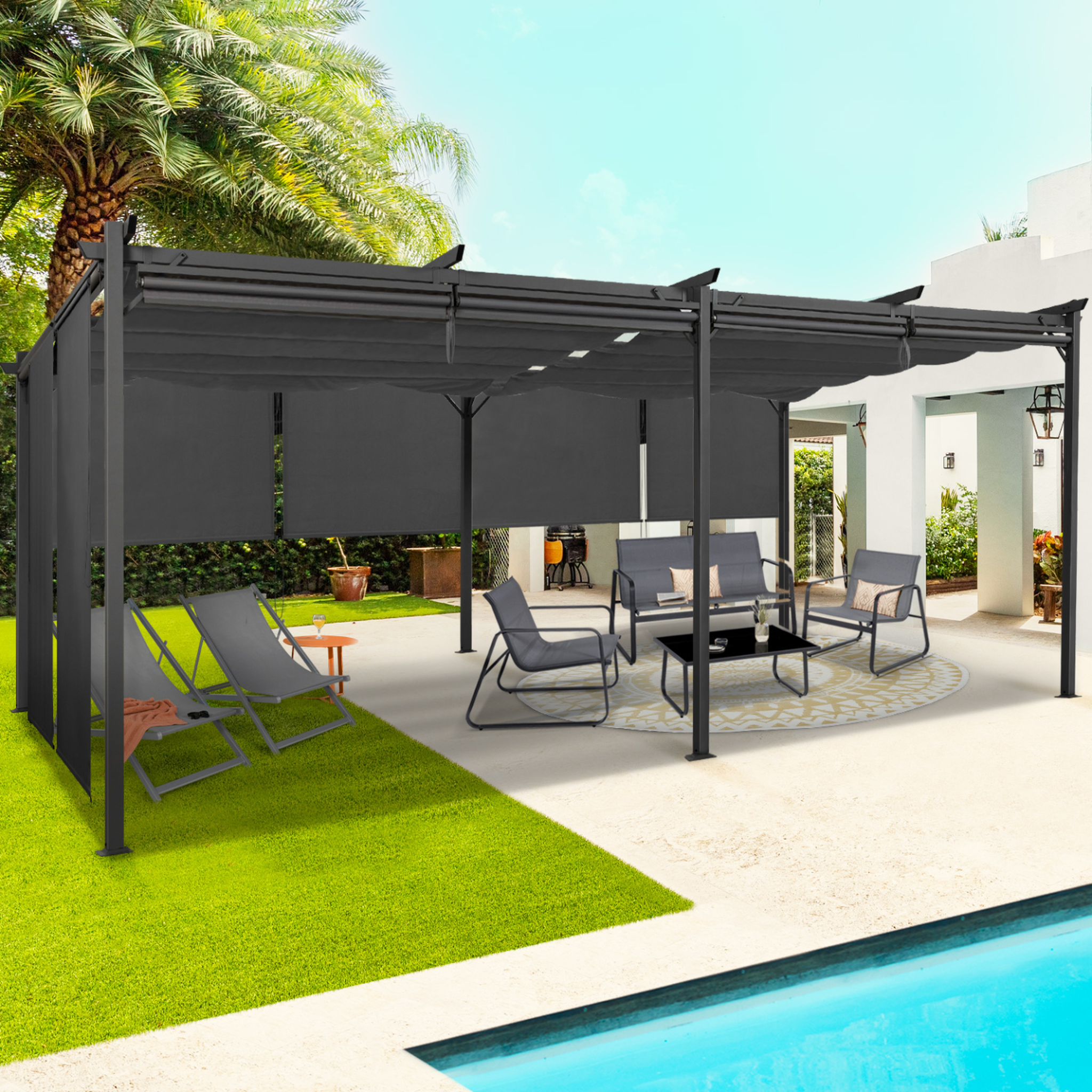 Voir la diapositive 2 : ID MARKET Pergola édition spéciale toit rétractable 3x6 m et 6 stores gris anthracite