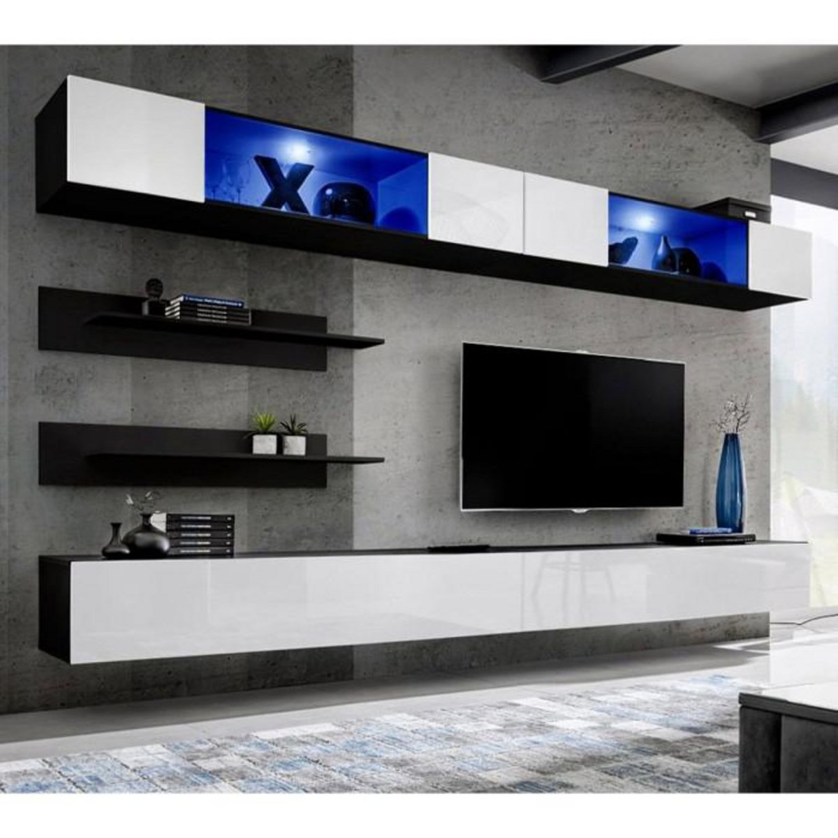 Paris Prix Meuble TV Mural Design  Fly VIII  320cm Blanc & Noir