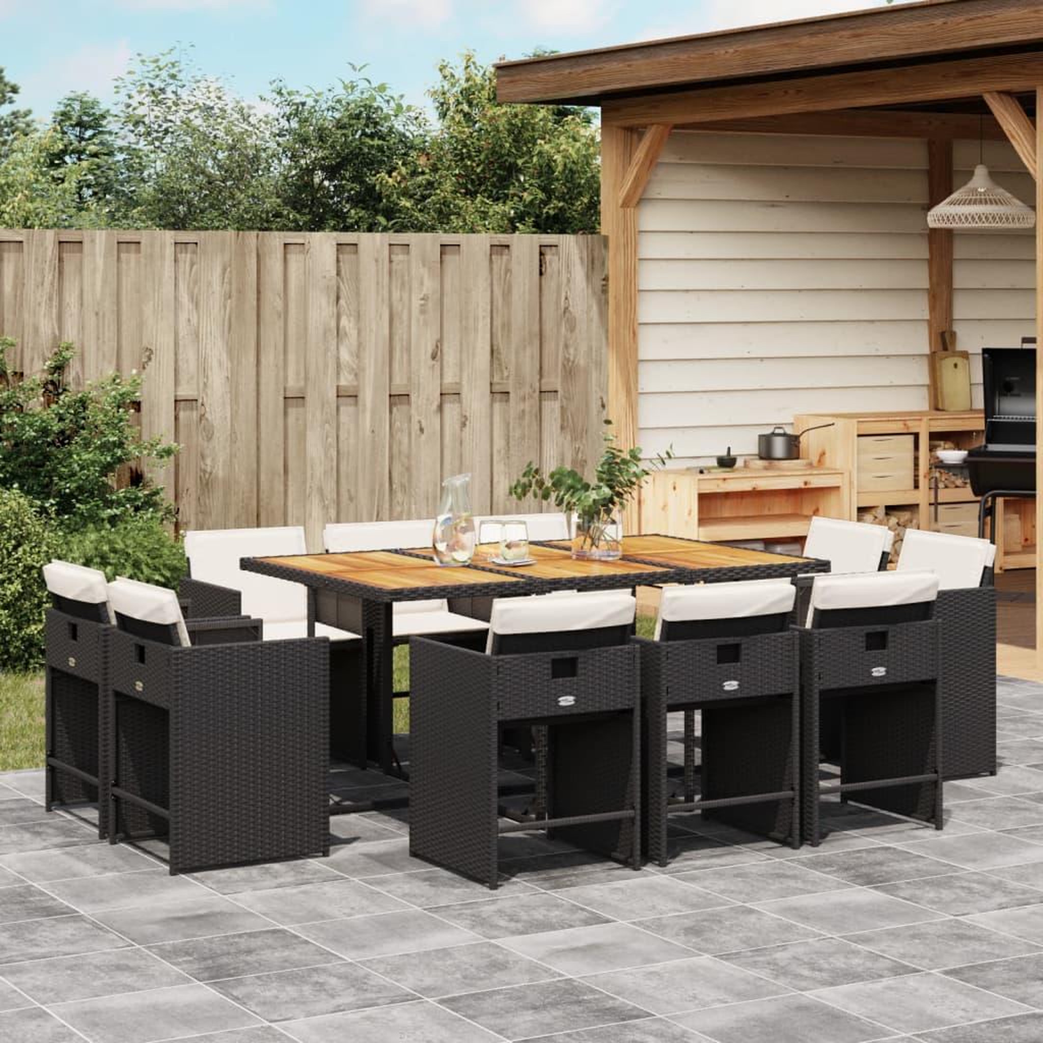 VIDAXL Ensemble a manger de jardin 11 pcs coussins noir resine tressee