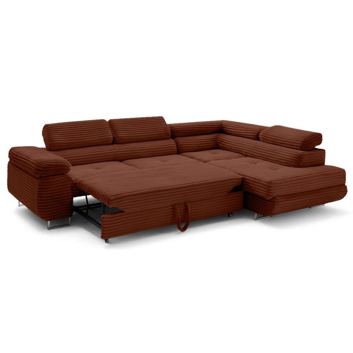 LISA DESIGN Zaria - canapé d'angle droit 5 places convertible avec coffre et têtières en velours côtelé grosses côtes