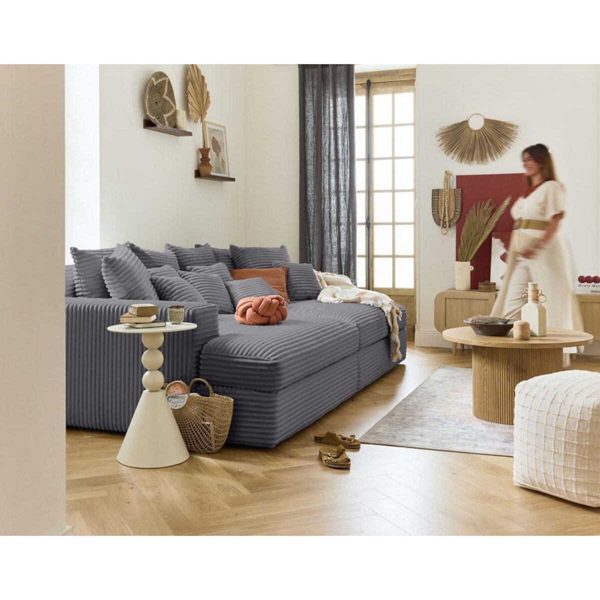 LISA DESIGN Collins - canapé droit 4 places avec double méridienne - assise profonde - velours côtelé grosses côtes