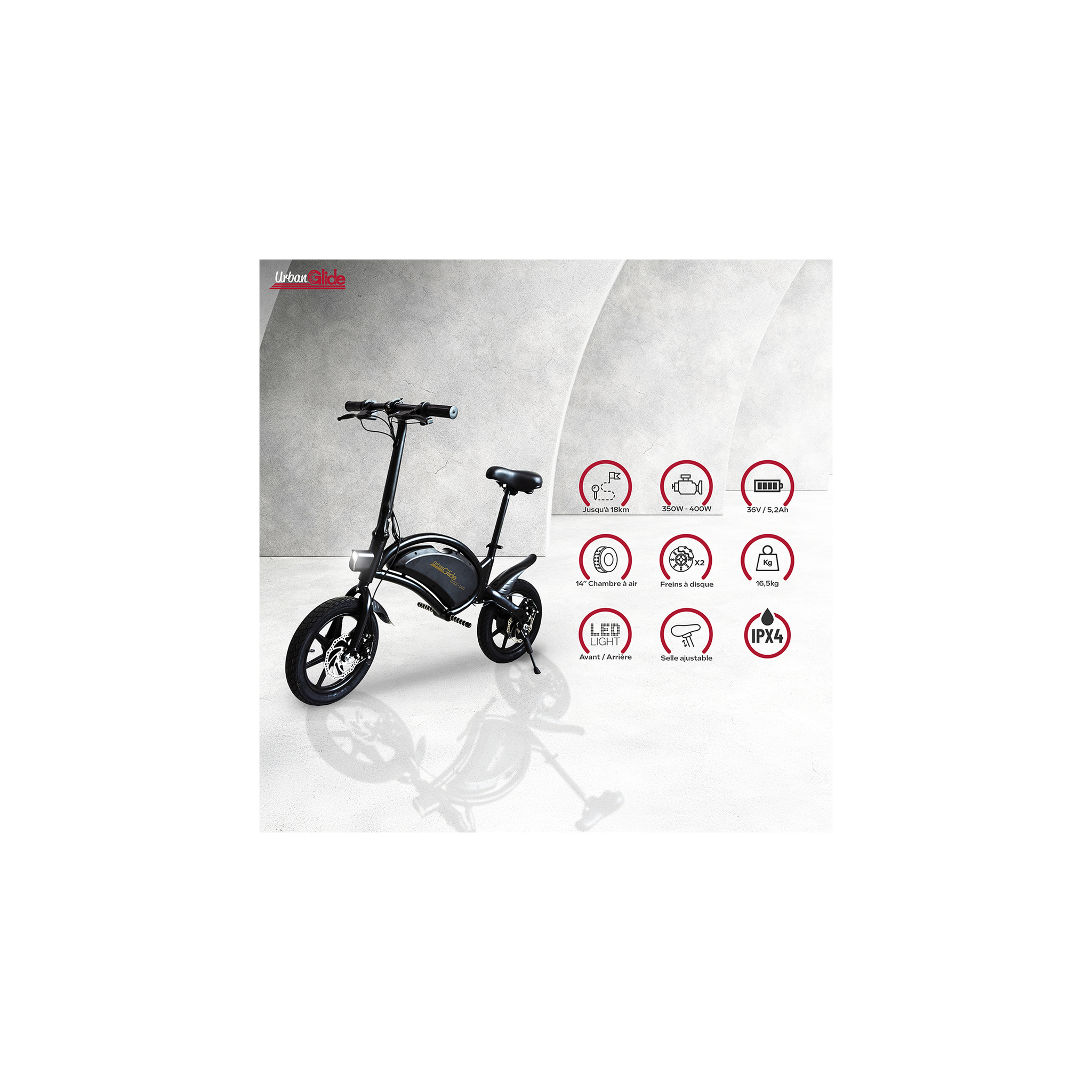 Voir la diapositive 2 : URBANGLIDE Draisienne électrique adulte e-bike 140 – moteur 1000w - autonomie jusqu'a 18 km - pneu 14  gonflable - batterie 42v/5.2ah - poids 15kg