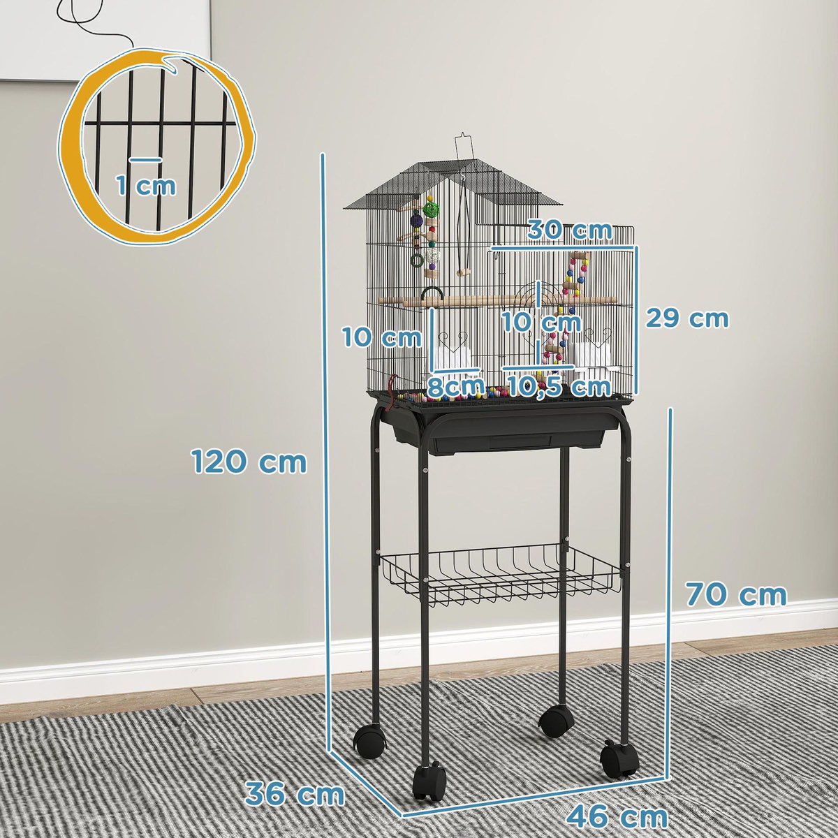 PAWHUT Cage à oiseaux 46 x 36 x 120 cm étagère 2 mangeoires 2 perchoirs balançoire échelle jouet noir