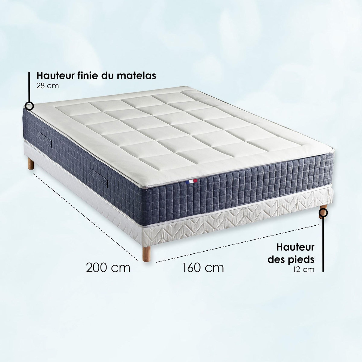 IDLITERIE Ensemble Matelas Ressort 7 zones + Mémoire de forme + Sommier KING STYLE Fabriqué en France