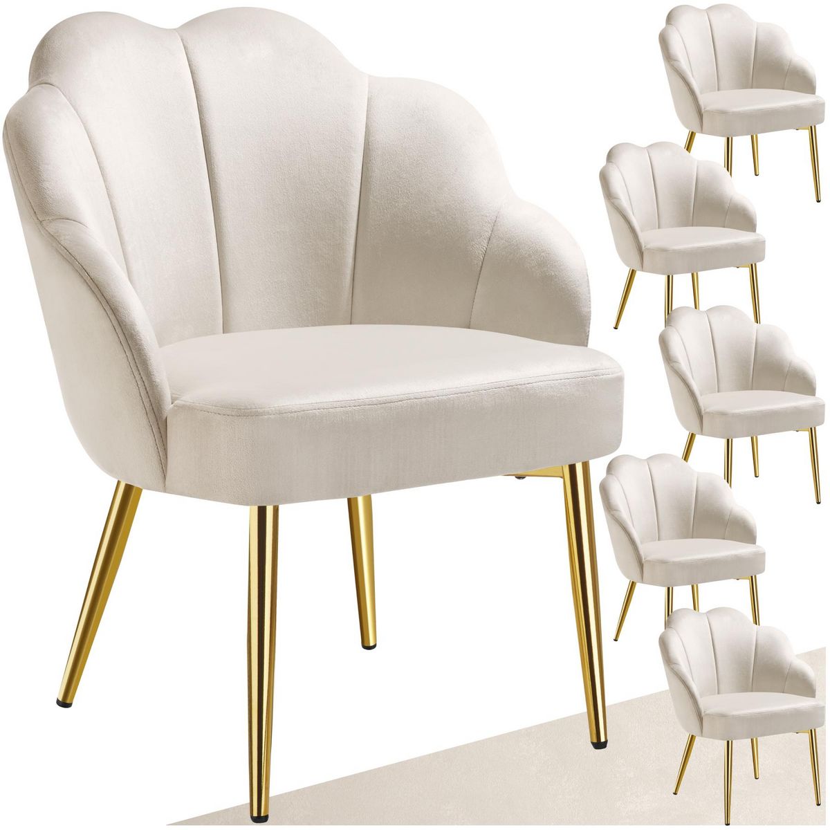 tectake Fauteuil cocktail rembourré en velours crème/or Lot de 6