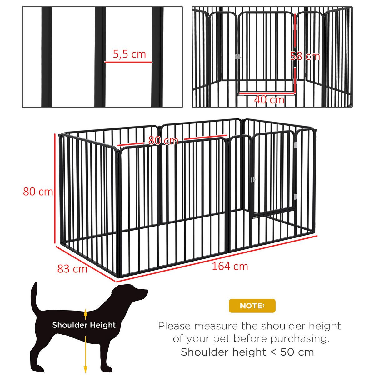 PAWHUT Parc enclos modulable pour chien porte 6 panneaux noir